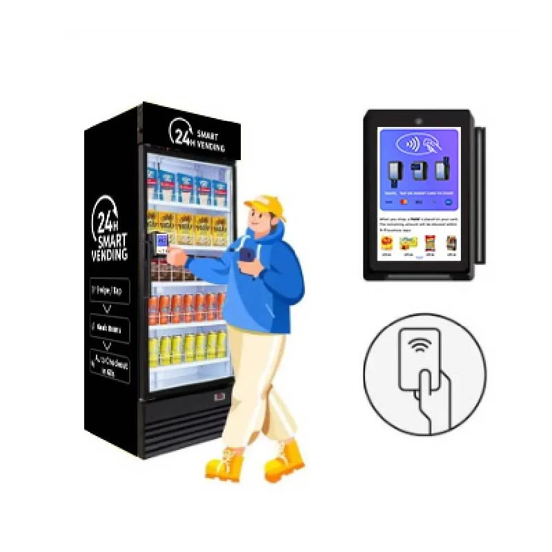 A person using a digital vending machine to purchase snacks or drinks, with a contactless payment device and a screen displaying options.