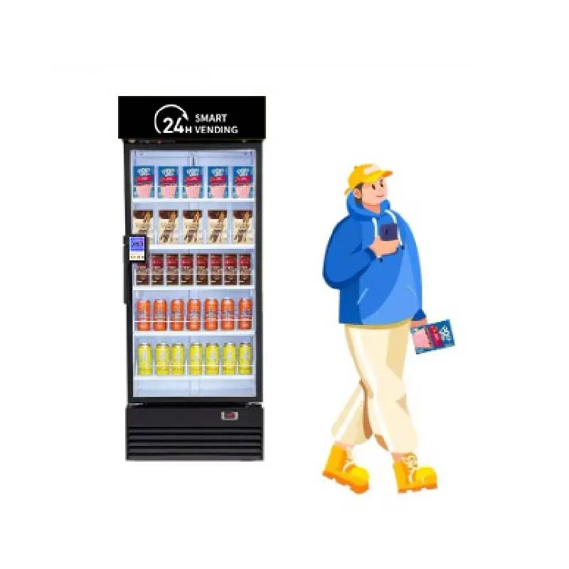 A vending machine labeled '24H Smart Vending' with various beverages inside, and a cartoon person wearing a yellow hat, blue hoodie, beige pants, and yellow boots looking at their phone and holding a snack.
