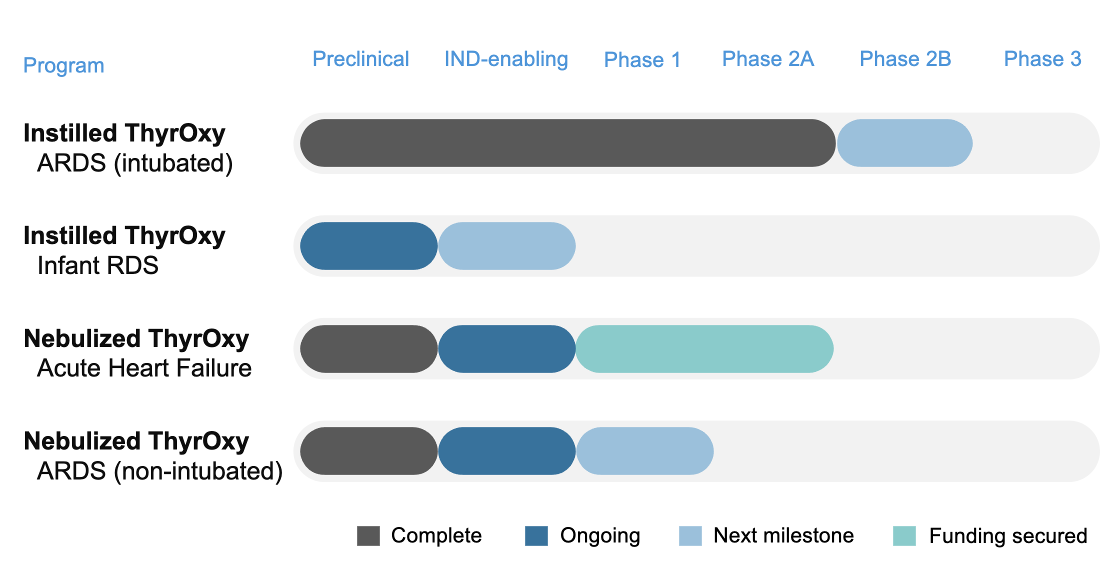 A pipeline showing progress towards the four ThyrOxy programs: instilled ThyrOxy for intubated ARDS patients, instilled ThyrOxy for infant RDS, nebulized ThyrOxy for acute heart failure, and nebulized ThyrOxy for non-intubated ARDS patients.
