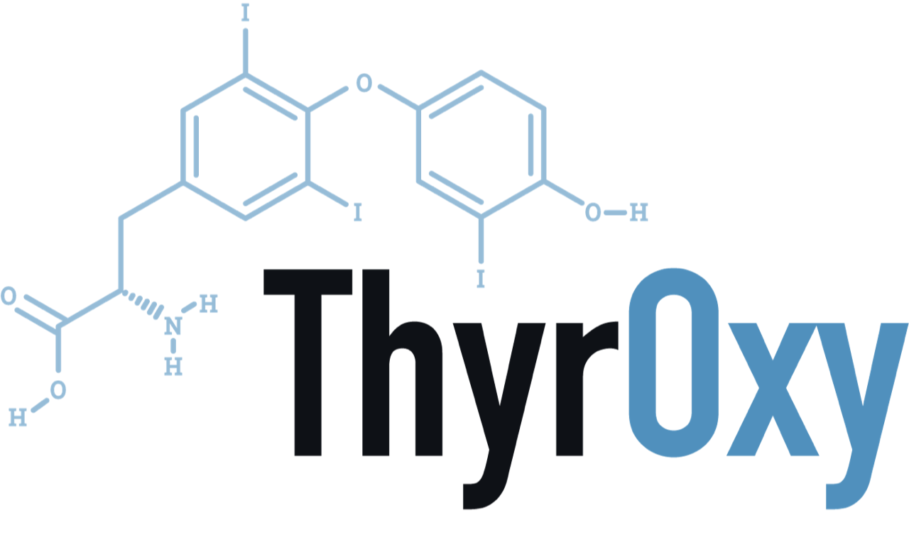 The logo of ThyrOxy. Above the black and blue text "ThyrOxy" is the molecular structure, diagrammed in blue.