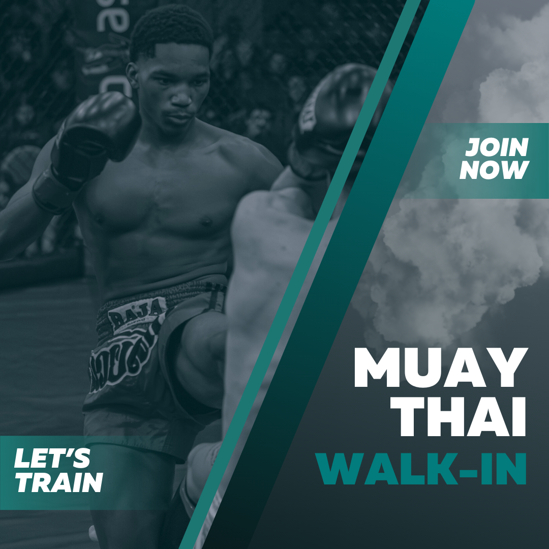 Young male Muay Thai fighter in boxing shorts and gloves in an intense match, with a promotional overlay inviting viewers to join and walk-in training sessions.