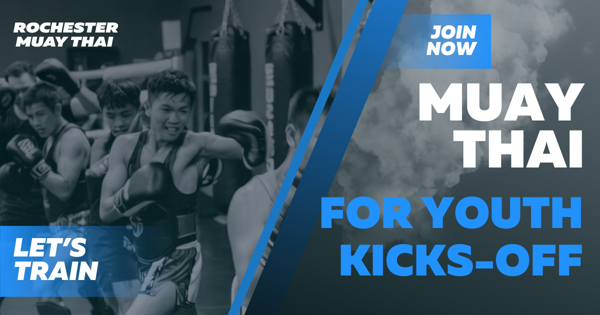 A promotional poster for Rochester Muay Thai featuring young children training in boxing, with bold text encouraging youth participation and kick-off, and a background of a cloudy sky.