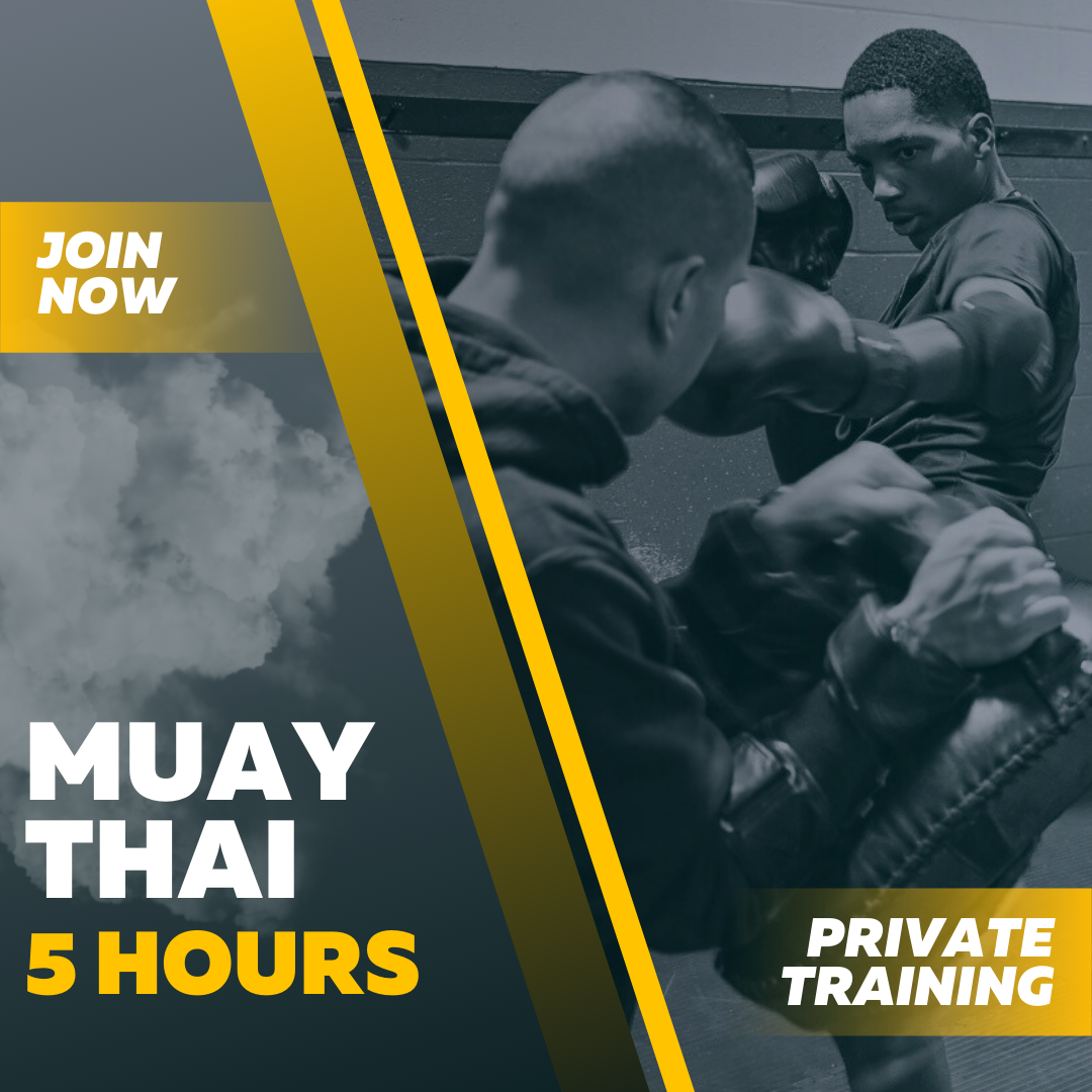 Two men practicing Muay Thai in a gym, one delivering a knee strike to the other's torso. The image advertises private training sessions, with text highlighting a 5-hour Muay Thai course and a call to action to join now.