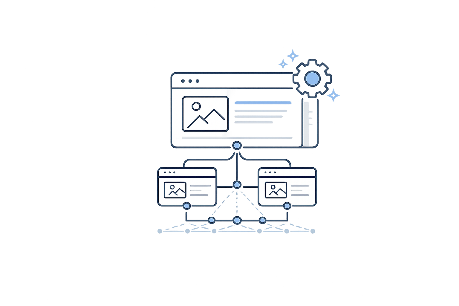 Illustration of a web development or design process with interconnected browser windows and a gear icon, symbolizing settings or customization.