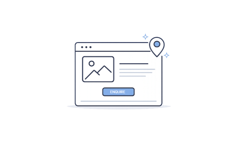 Illustration of a webpage with a landscape photo, text lines, a blue 'Enquire' button, and a location pin icon with sparkles.