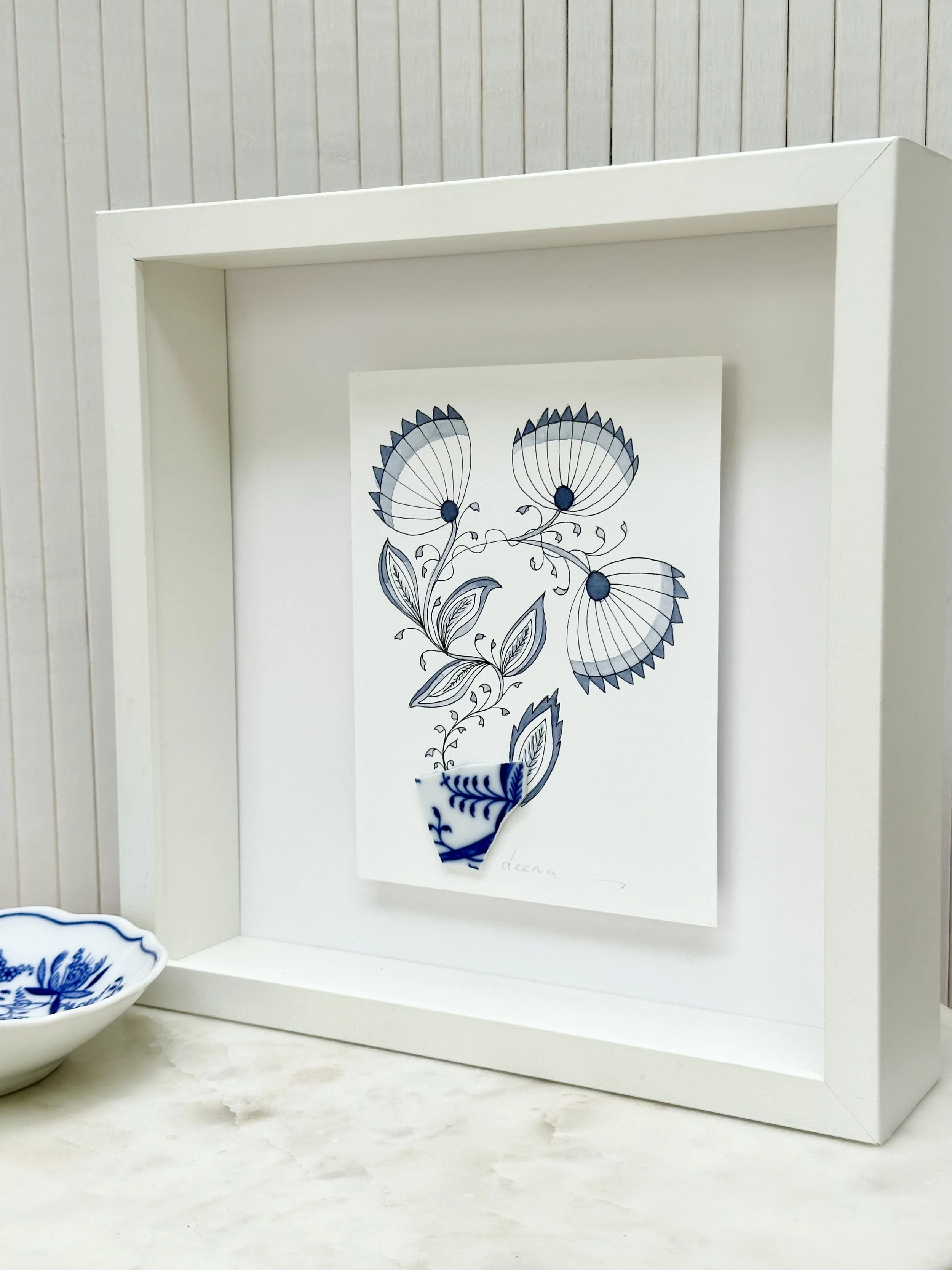 Floral Watercolour with Vintage Glass, Framed Original - Flowers #RF107