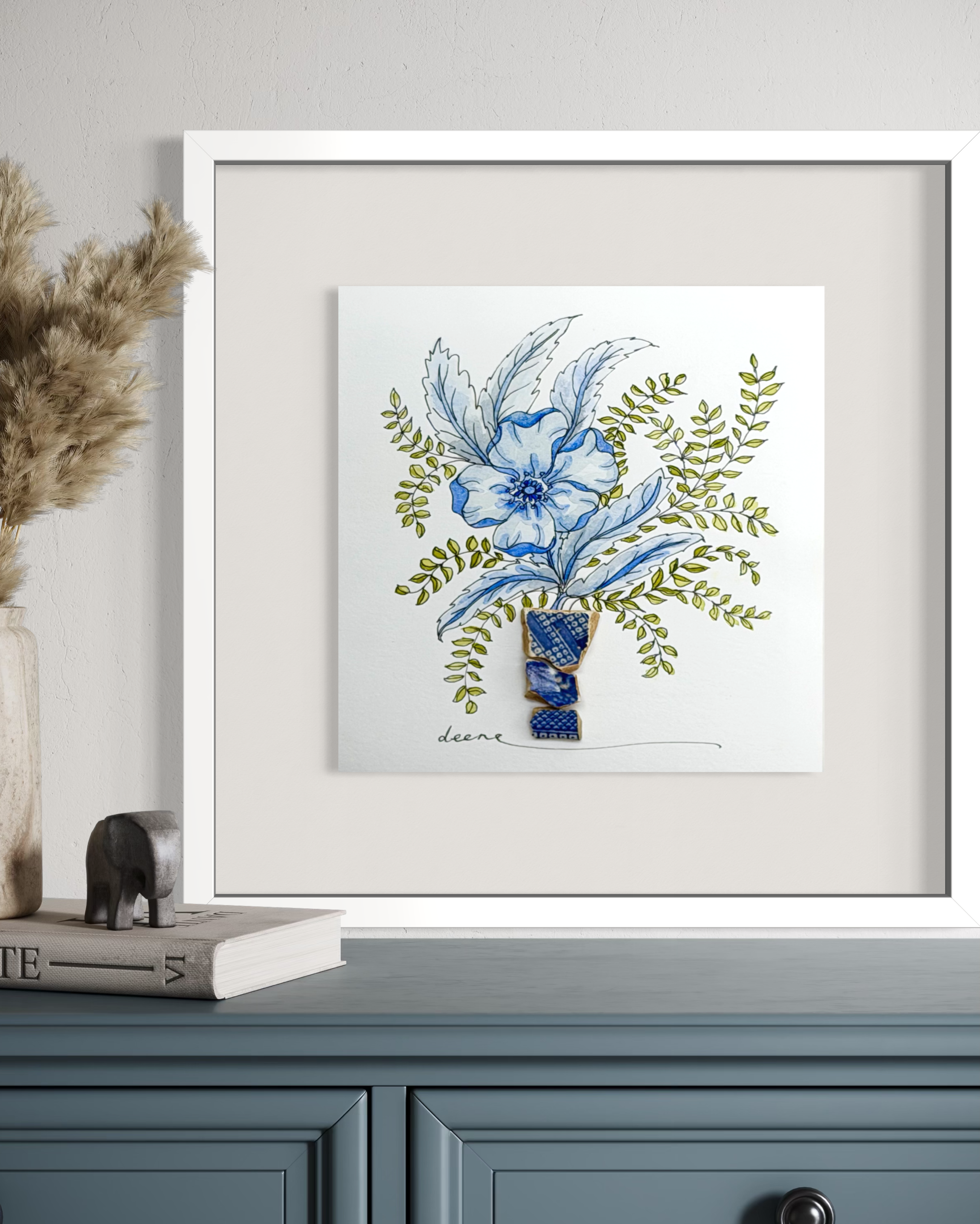 Framed watercolour floral artwork with vintage china shard, blue blooms