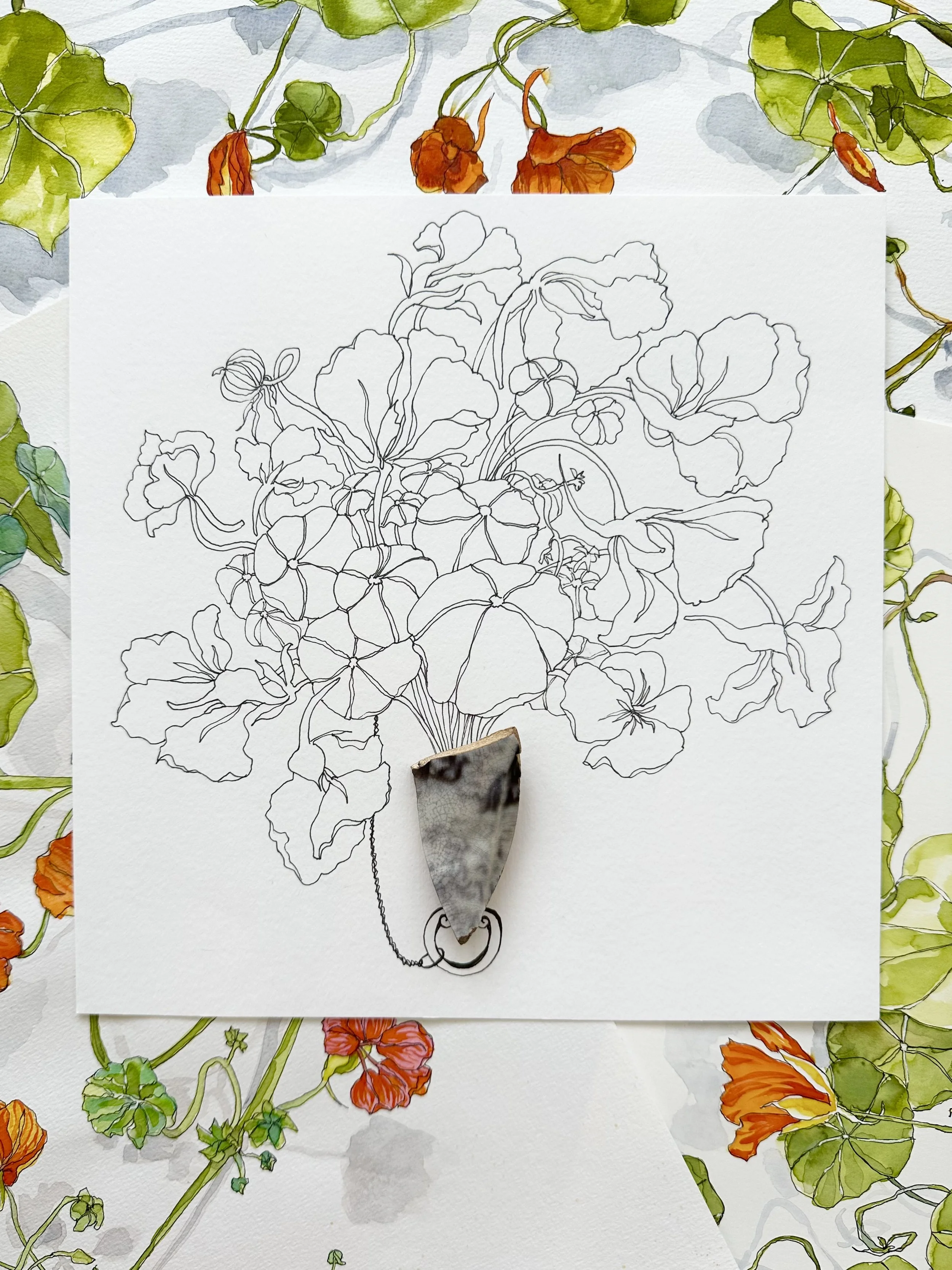 Line drawing of a flowering plant with a shell-like object attached at the center, set on a paper with a colorful botanical background.