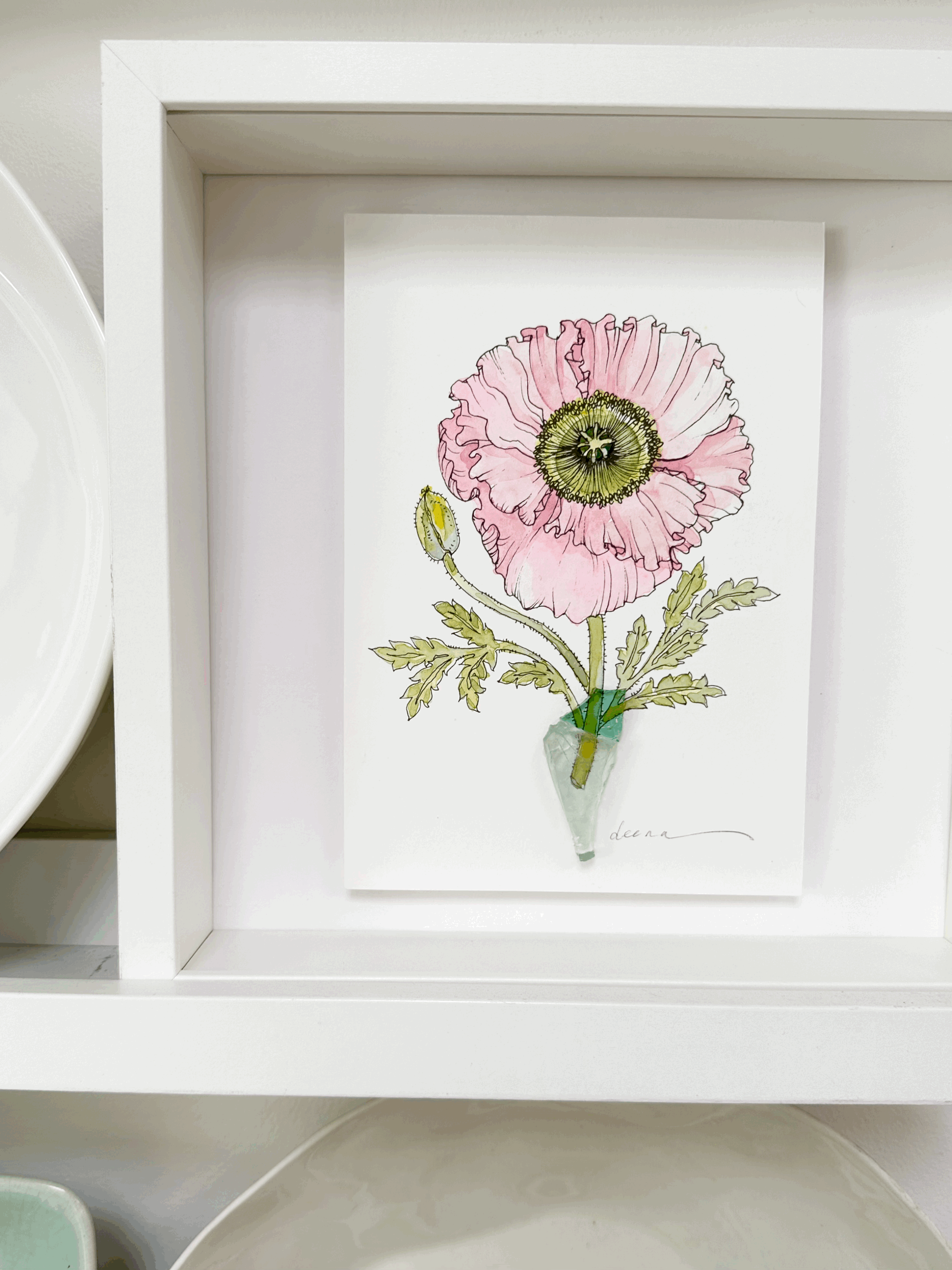 Floral Watercolour with Vintage Glass, Framed Original - Flowers #RF115