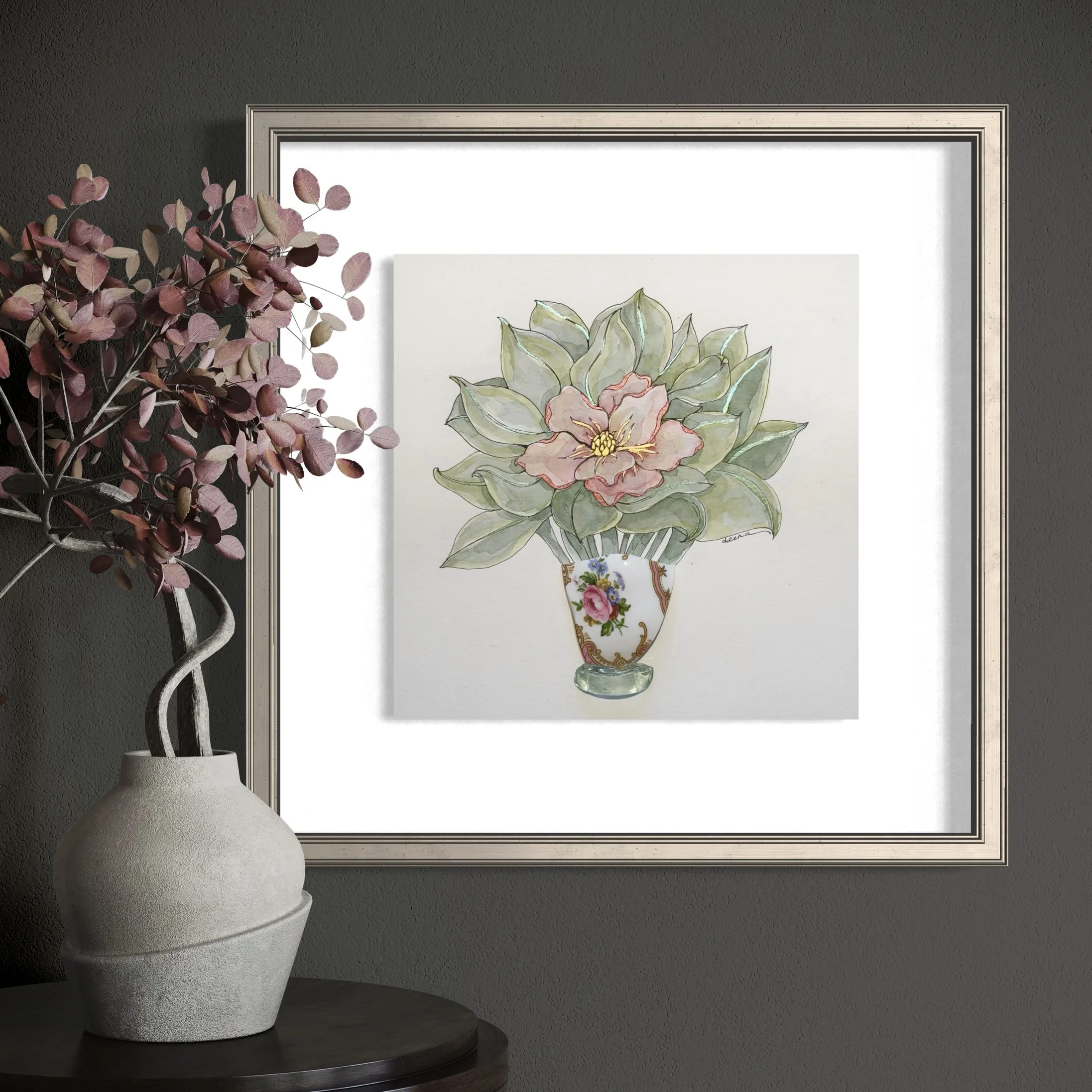 Floral Watercolour with Vintage China, Framed Original - Flowers #RF152