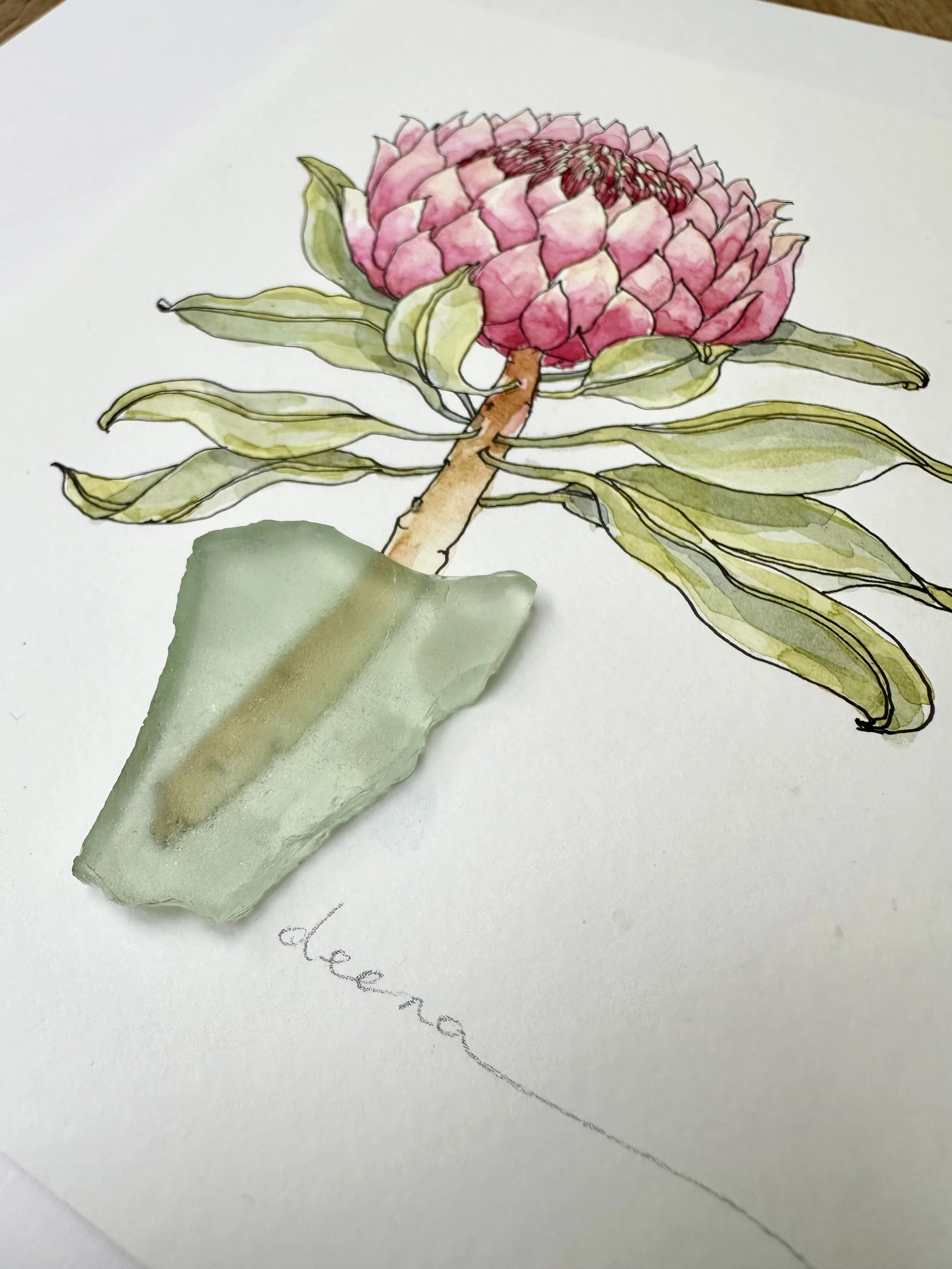 Original mixed media artwork featuring hand-painted flowers with a reclaimed glass shards as a sculptural vase. Unique, sustainable wall art framed and ready to hang.