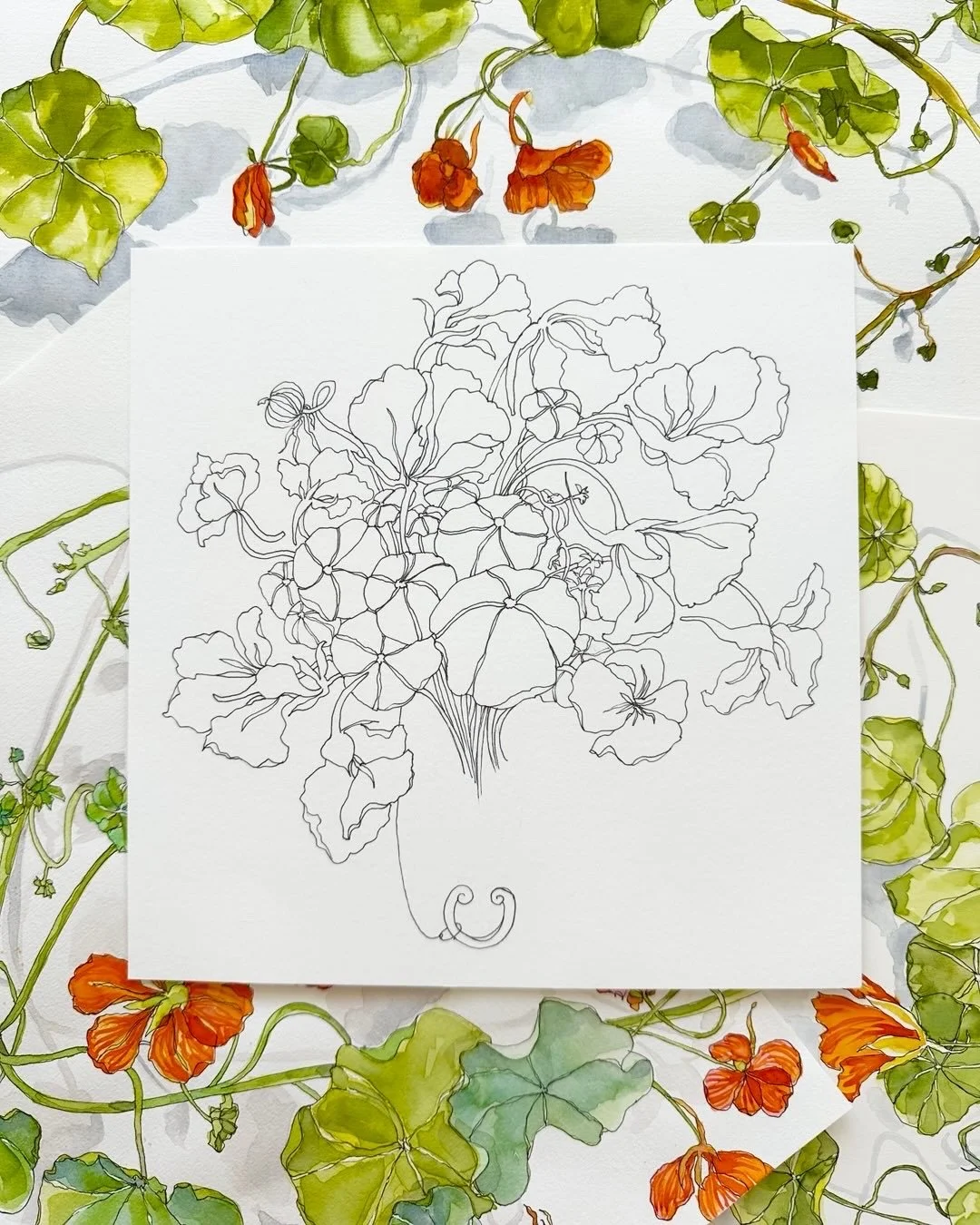 A line drawing of a bunch of flowers with large petals and curling stems, placed on a white background surrounded by watercolor illustrations of green leaves and orange flowers.