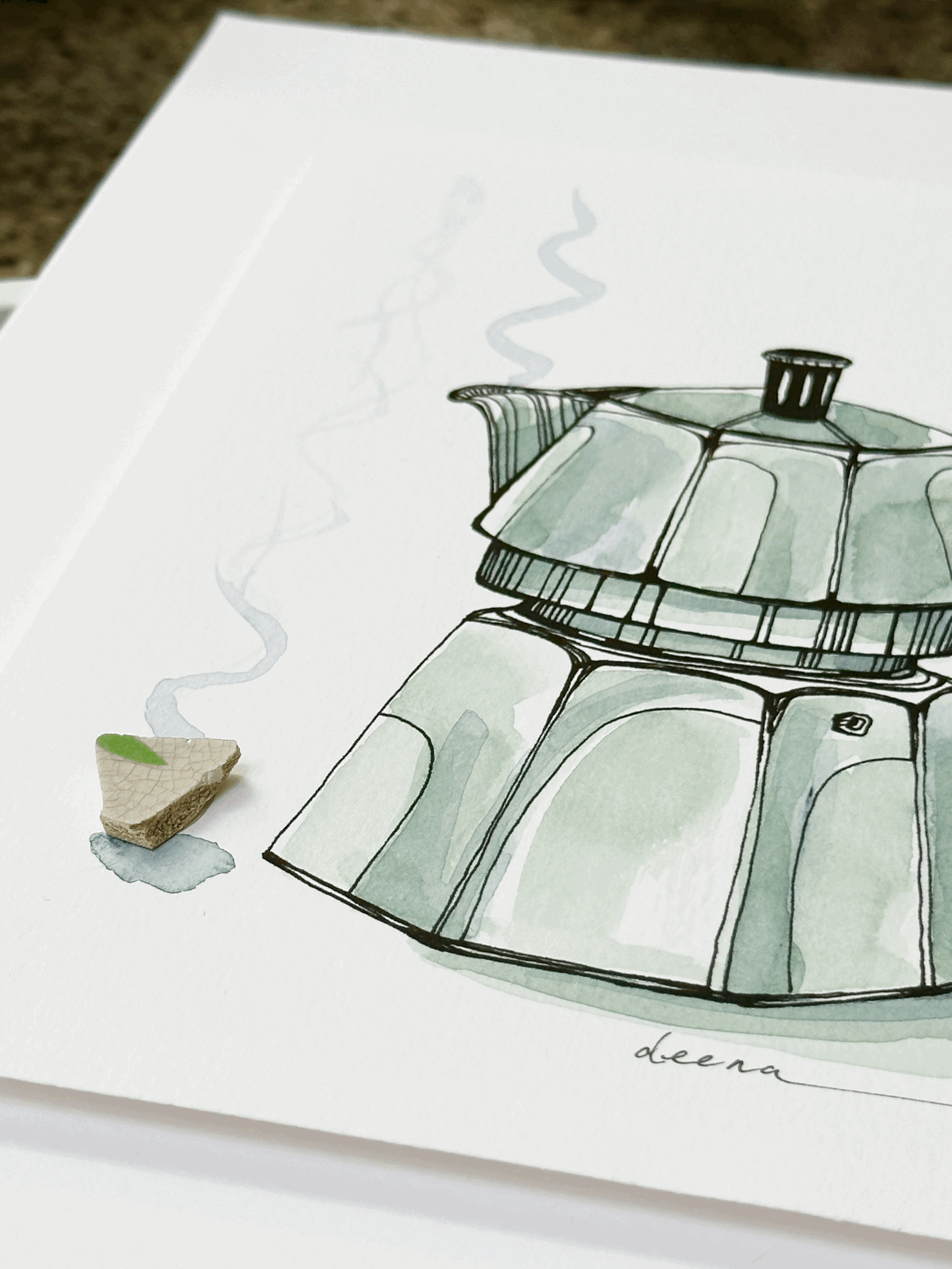 Hand-drawn Coffee Pot illustration featuring repurposed china pieces.
