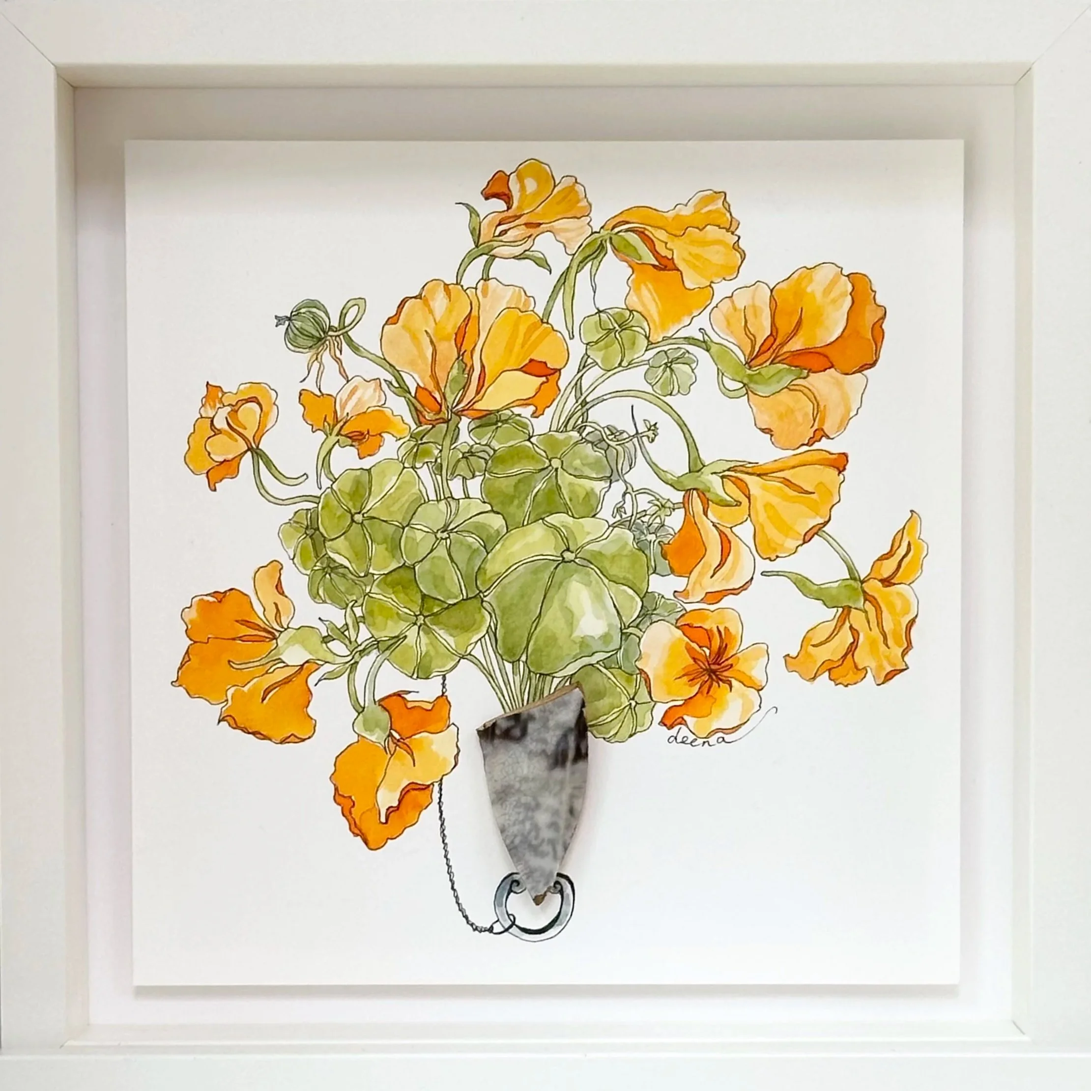 Watercolour and ink floral artwork with found glass piece used as a bow.