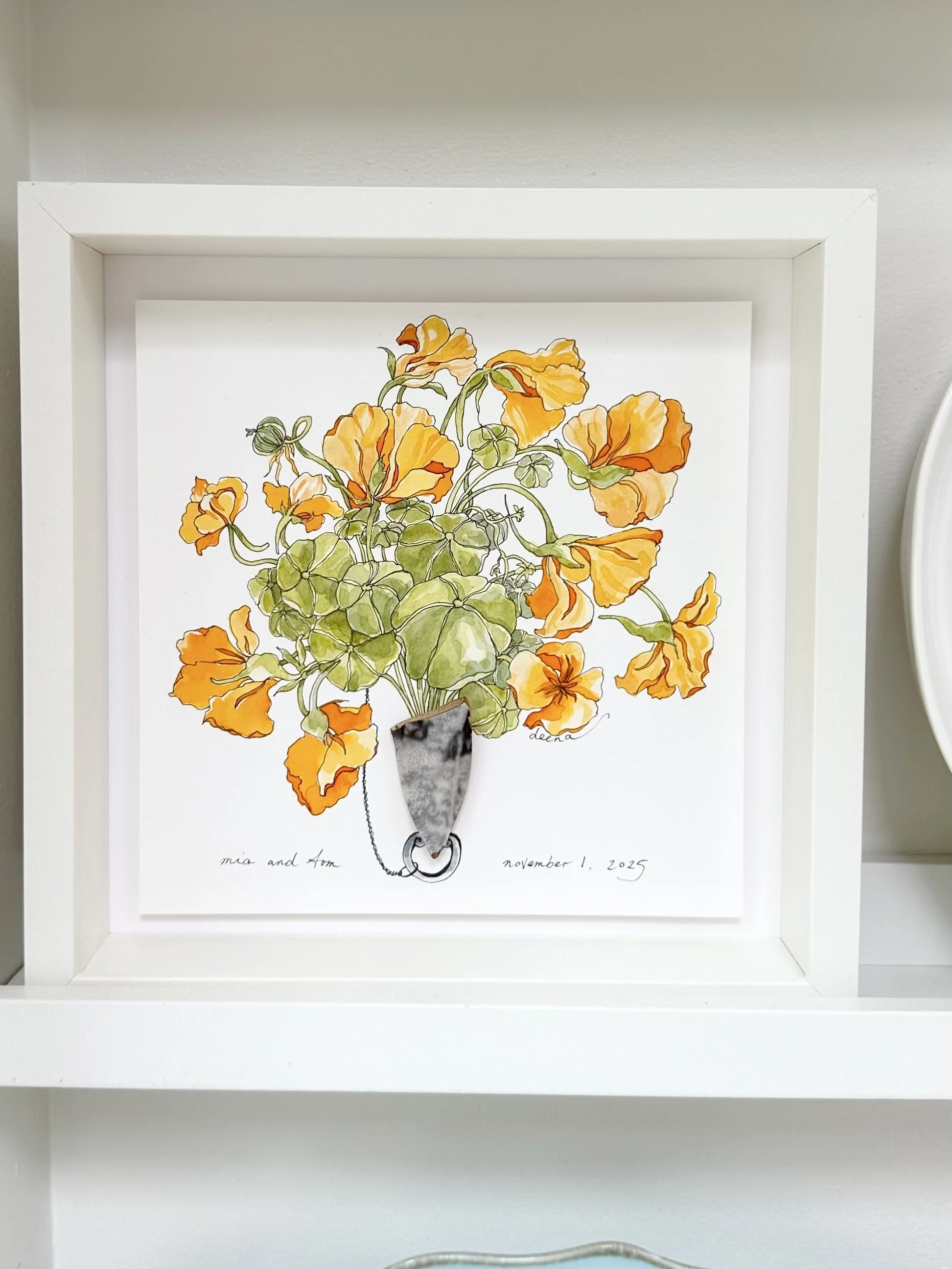 Illustration of a plant with yellow and orange flowers in a pot, with handwritten text reading 'mia and Tom November 1, 2025'.