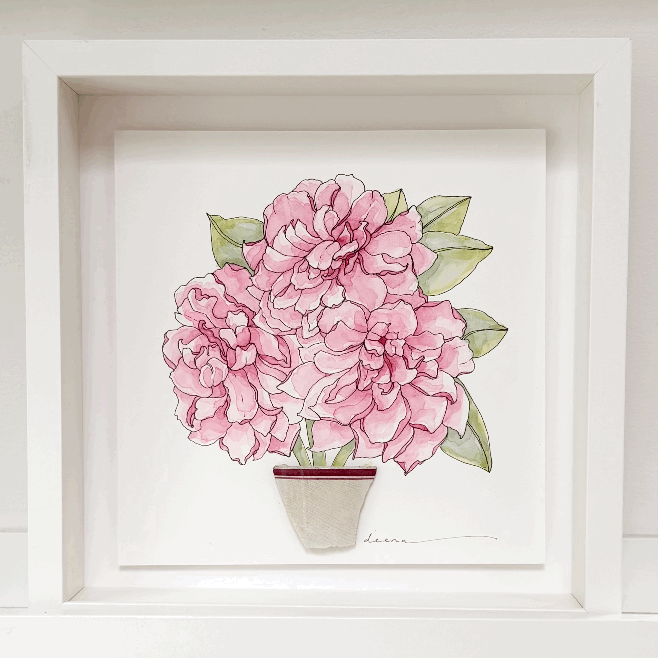 Floral Watercolour with Vintage China, Framed Original Flowers #RF150