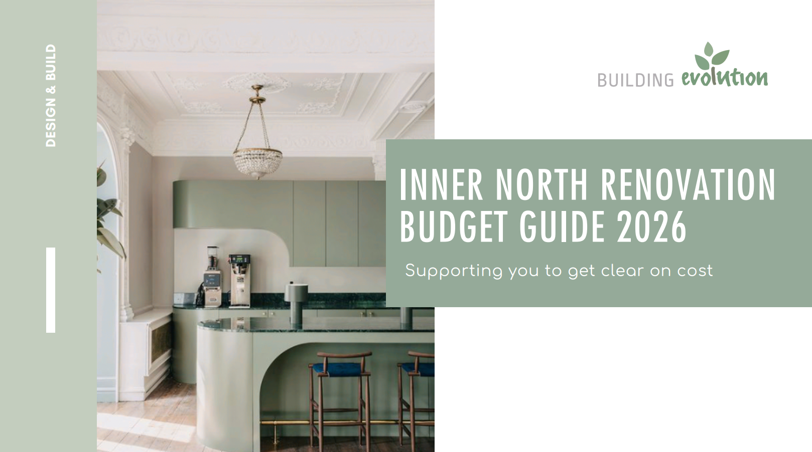 Interior view of a modern kitchen with green cabinets, a chandelier, and a curved breakfast bar with two chairs, featuring ornate ceiling details and natural light.