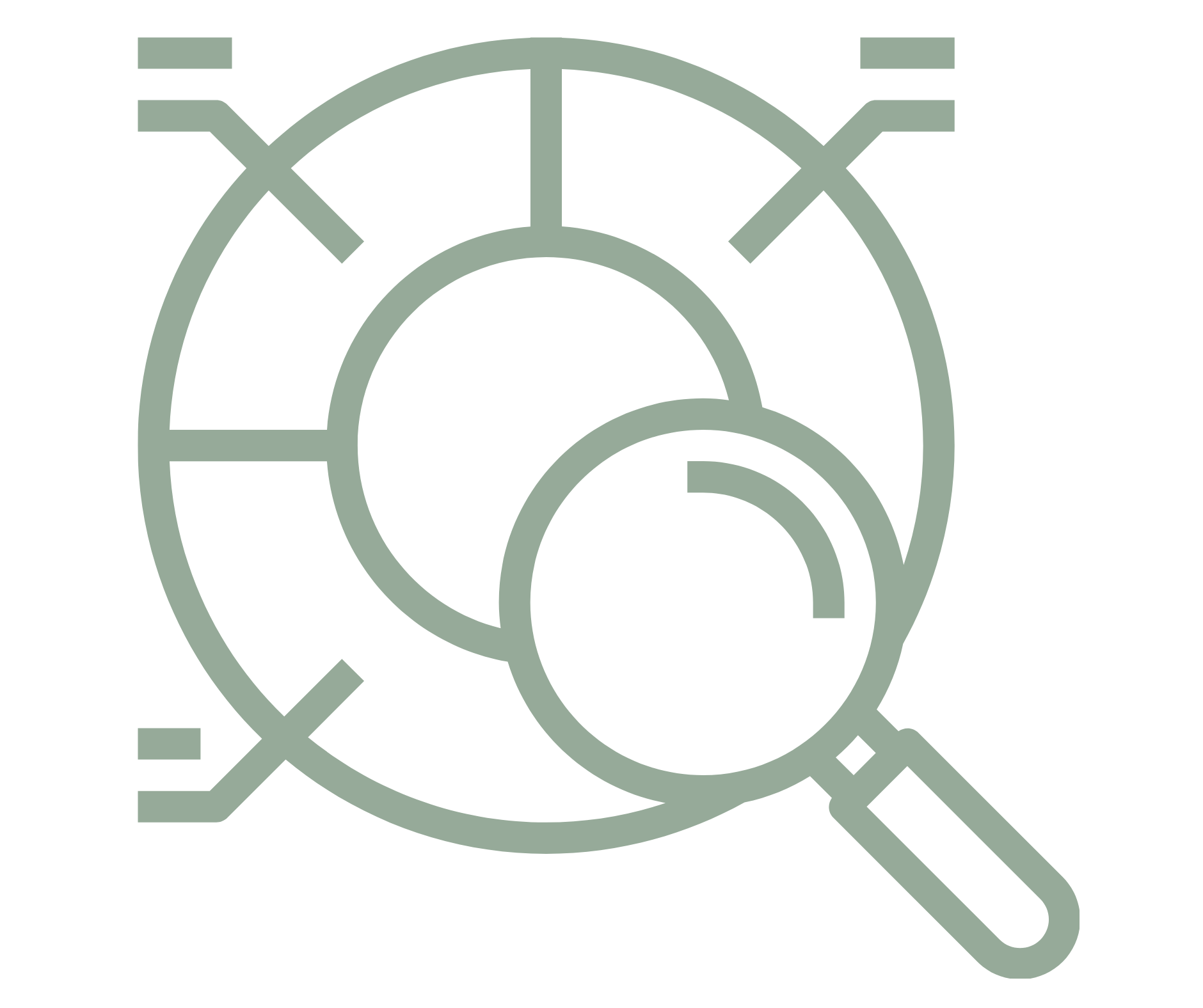 Abstract illustration of a magnifying glass over a bar graph with pie chart elements in green and white.