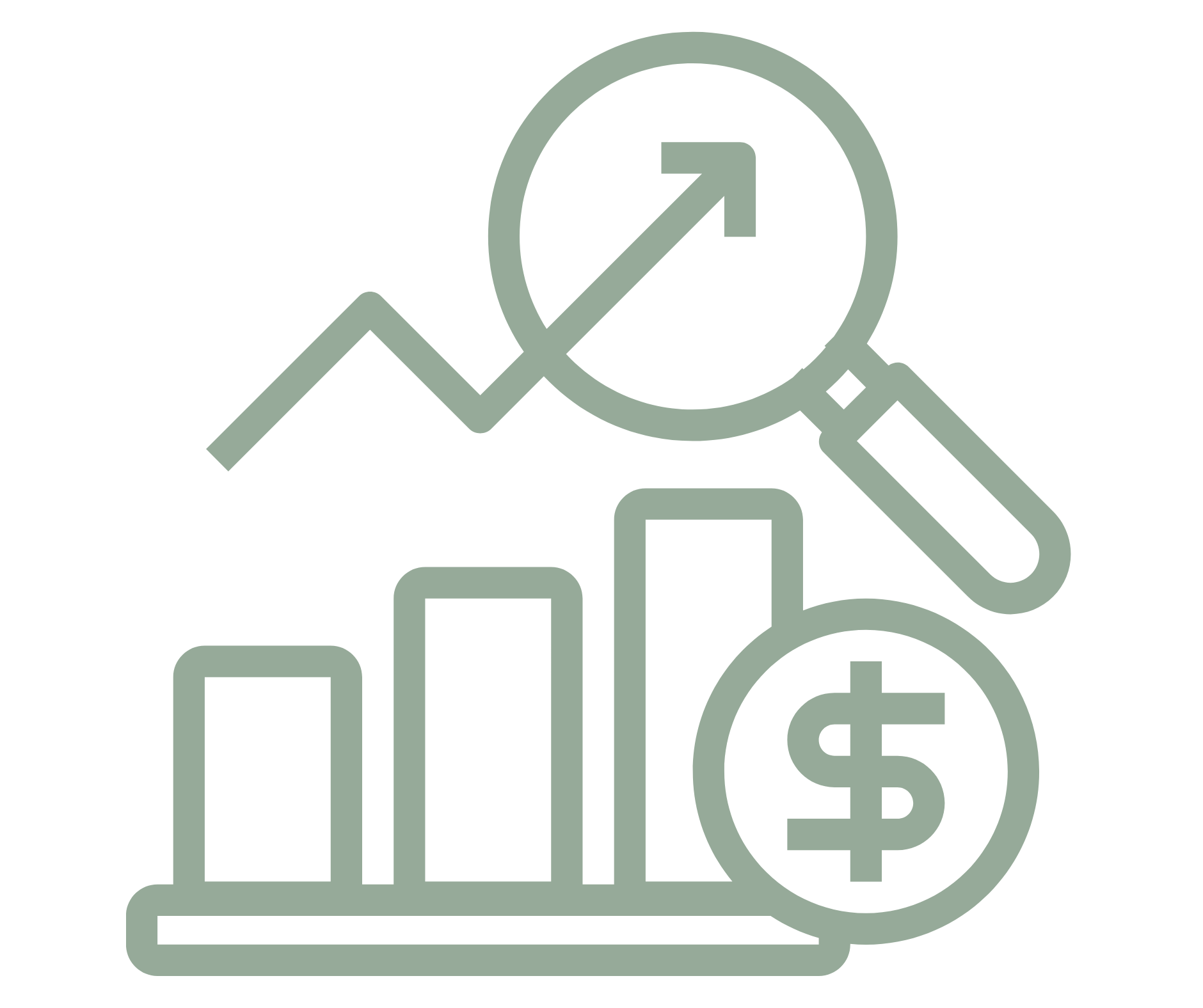 A line graph and bar chart overlaid with a magnifying glass and dollar sign, symbolizing financial analysis and growth.