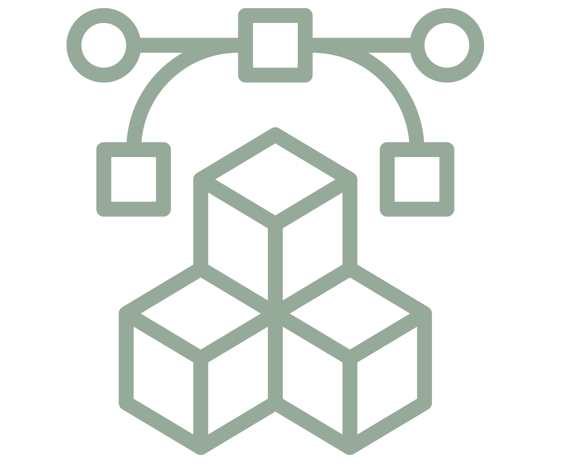 Flowchart diagram with cubes and connecting nodes.
