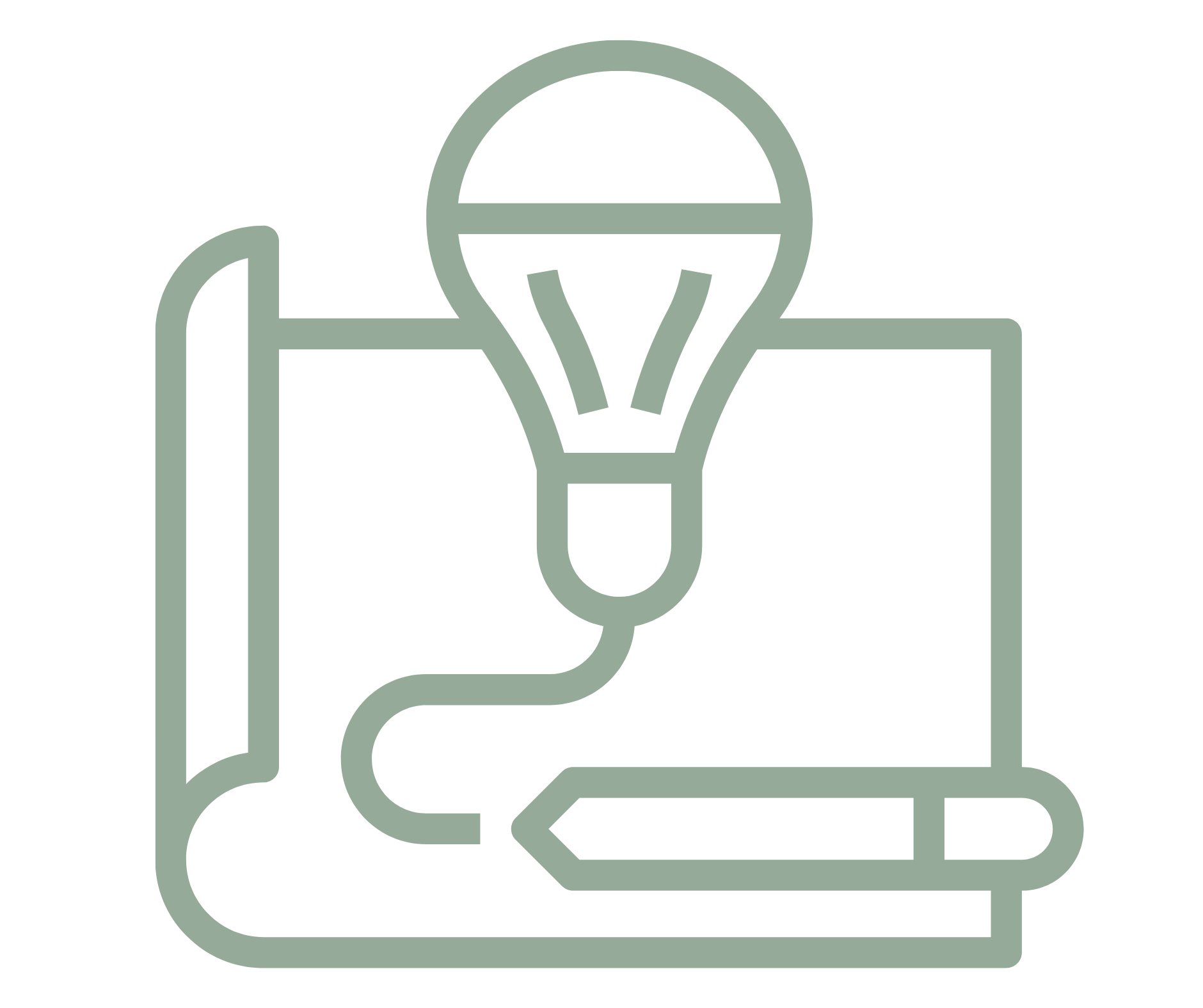 Outline of a USB flash drive, light bulb, pencil, book, and a sticky note.