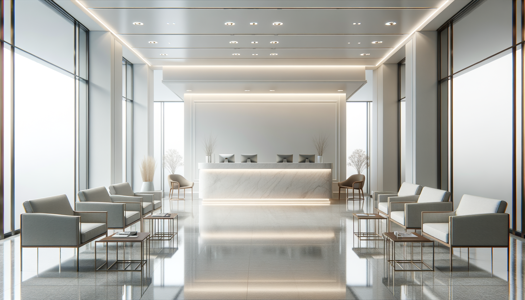 Modern hotel lobby with white marble reception desk, seating area with chairs and small tables, large windows, and minimalistic decor.
