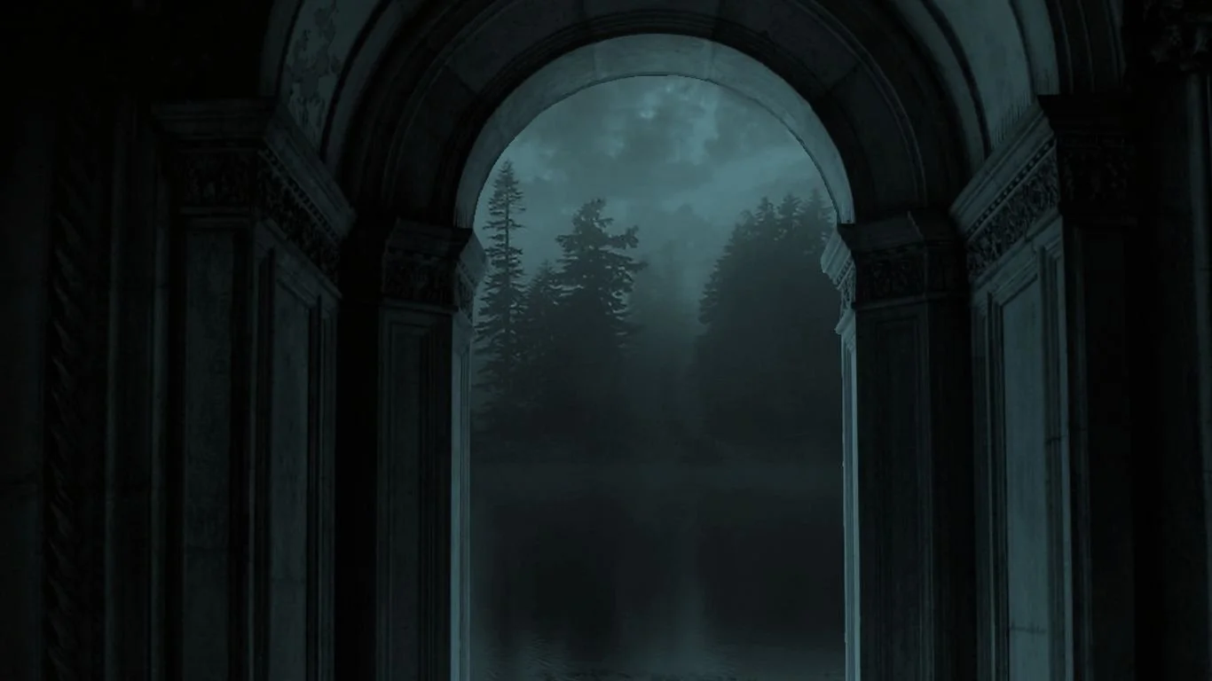 A large arched doorway or window opening with intricate architectural details, revealing a foggy forest scene with tall trees and a cloudy sky outside, suggesting a mysterious or haunting atmosphere.