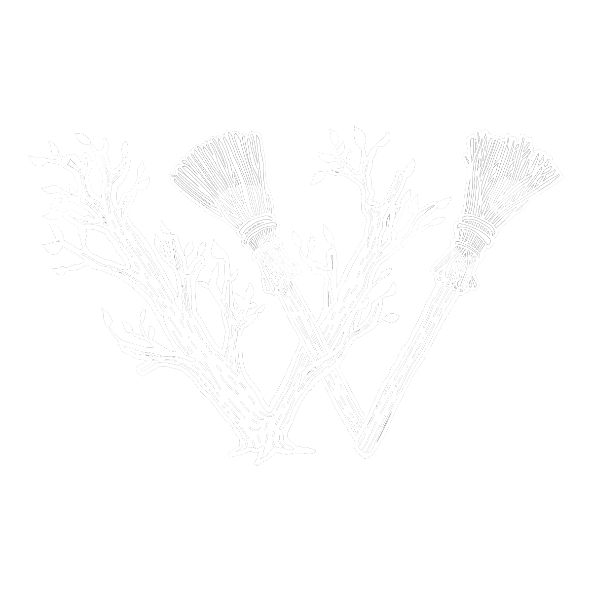 White line drawing of a small tree branch with two brooms resting against it, set against a black background.