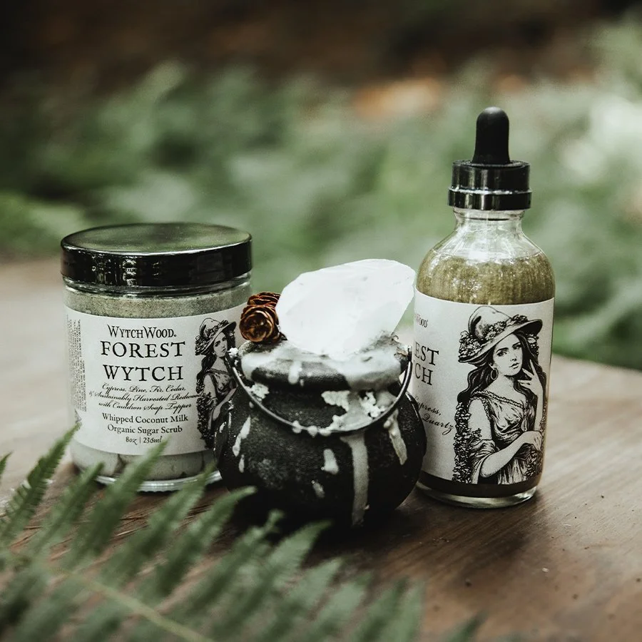 A small black and white ceramic pot with a white substance inside, topped with a slice of soap. Two jars with black and white labels featuring a vintage woman illustration; one jar contains whipped coconut milk and organic sugar scrub, and the other is a liquid product with a dropper cap. Fern leaves partially visible in the foreground. The background is blurred with green foliage.