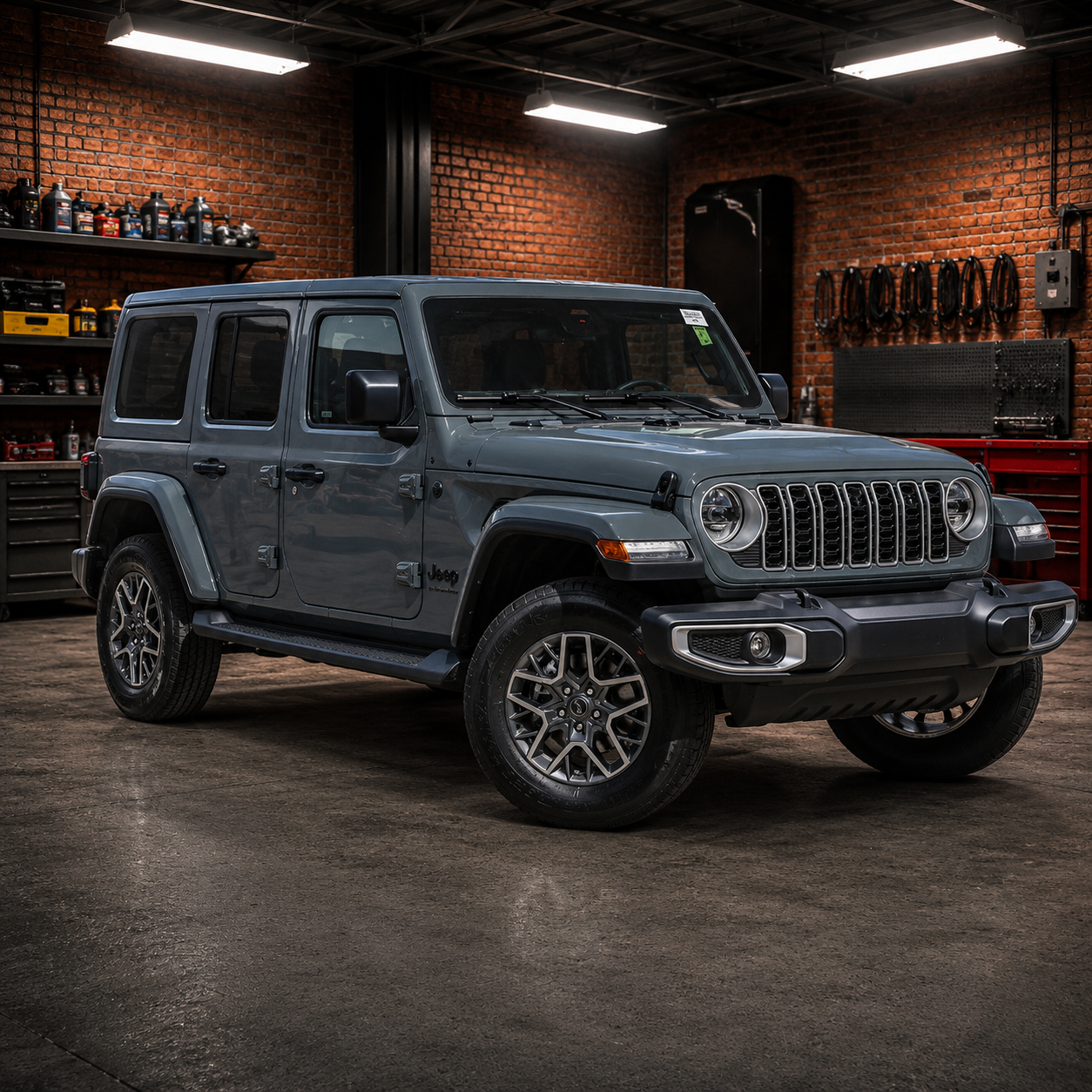 A gray Jeep Wrangler parked inside a garage or workshop with brick walls, shelves with car products, and tools.
