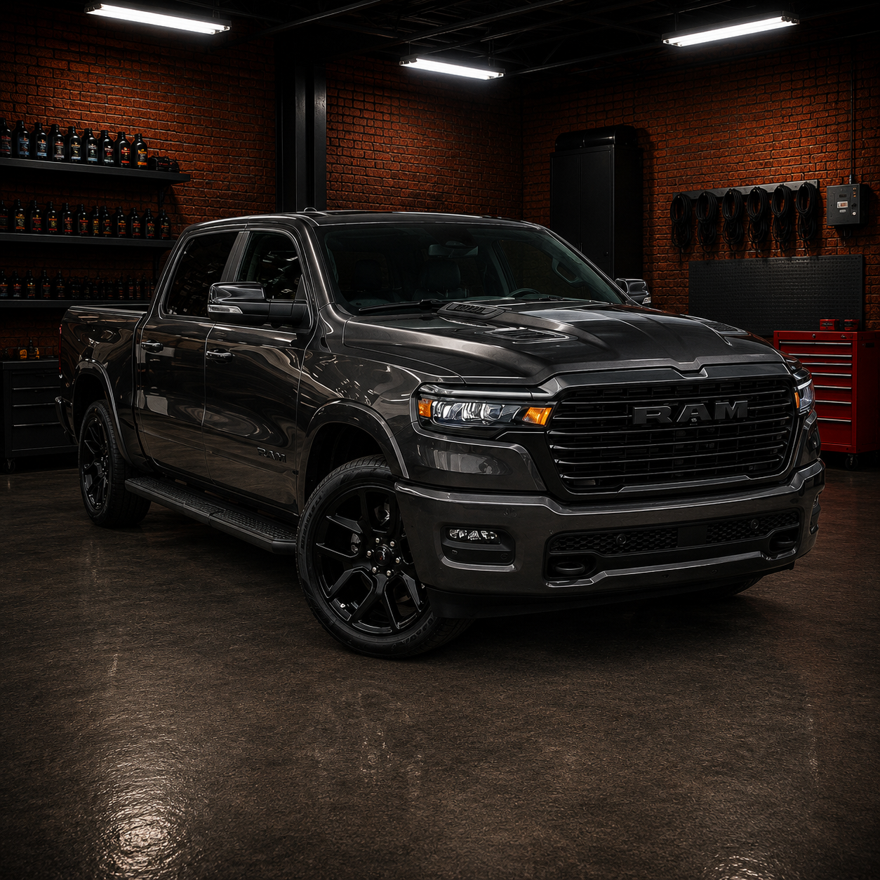 A black RAM pickup truck parked inside a garage with brick walls, shelves with bottles, and workshop tools.