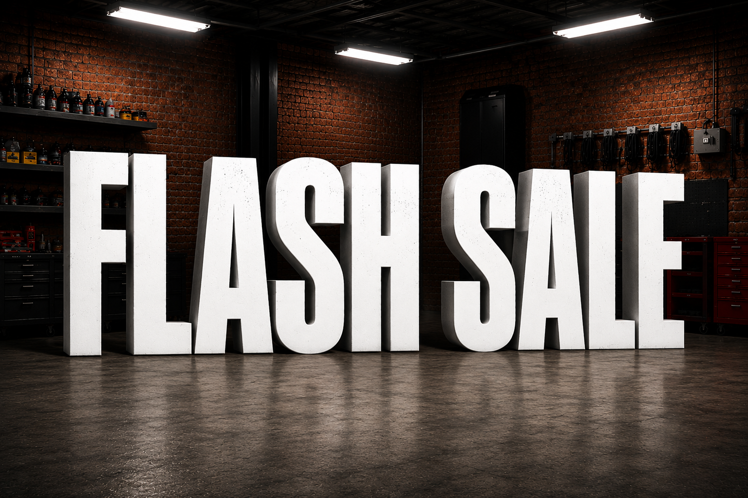 Bold white 3D letters spelling FLASH SALE inside a garage or workshop, with shelves and tools in the background.