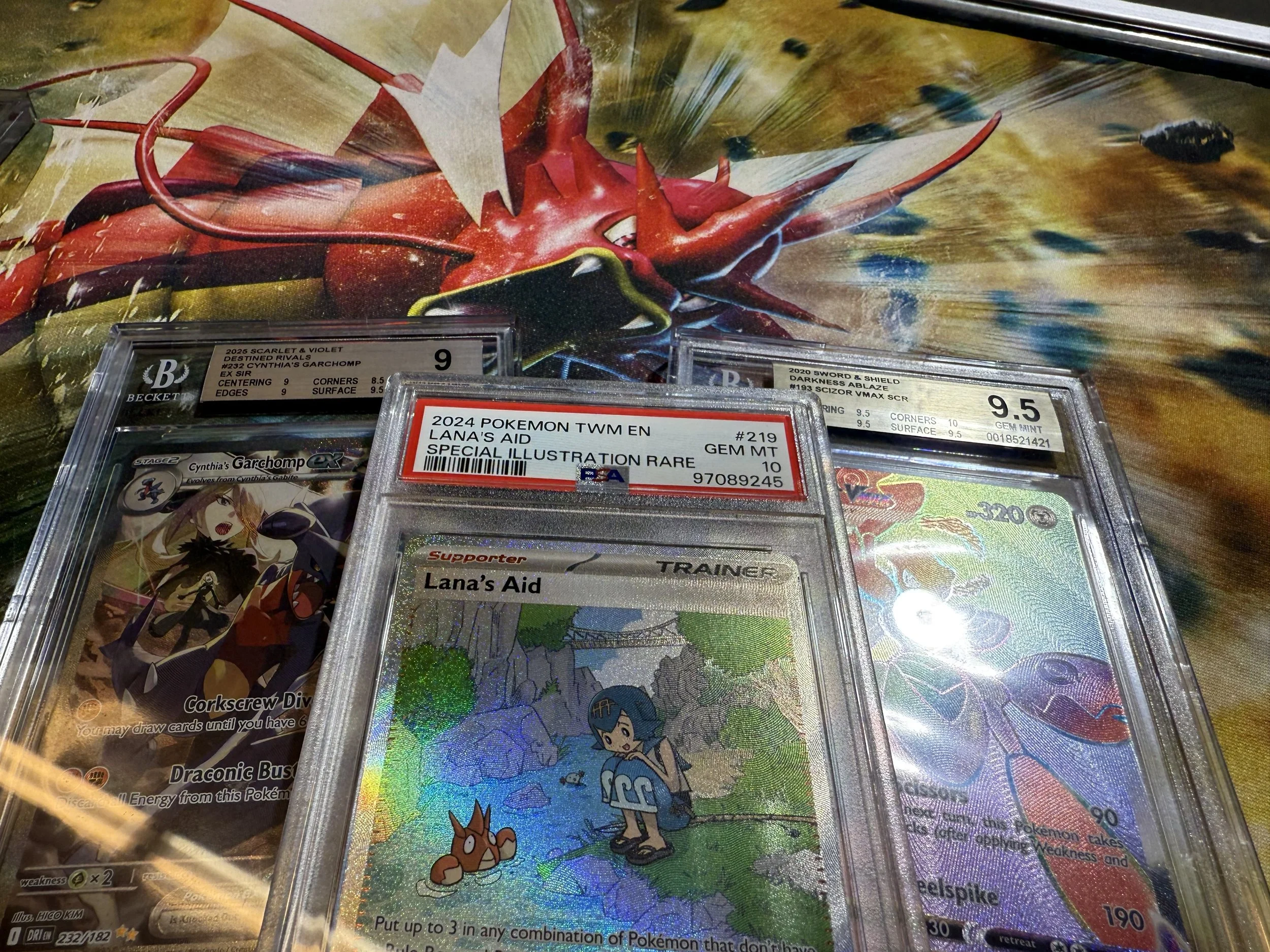 Three Pokémon trading cards in protective cases on a table, with a colorful illustration of a Pokémon in the background. One card features Lana's Aid from the 2024 Pokémon TWM set, graded GEM MT 10. Another card is a Cynthia's Garchomp, graded 9.5, and the third appears to be a Sword and Shield Darkness Ablaze card.