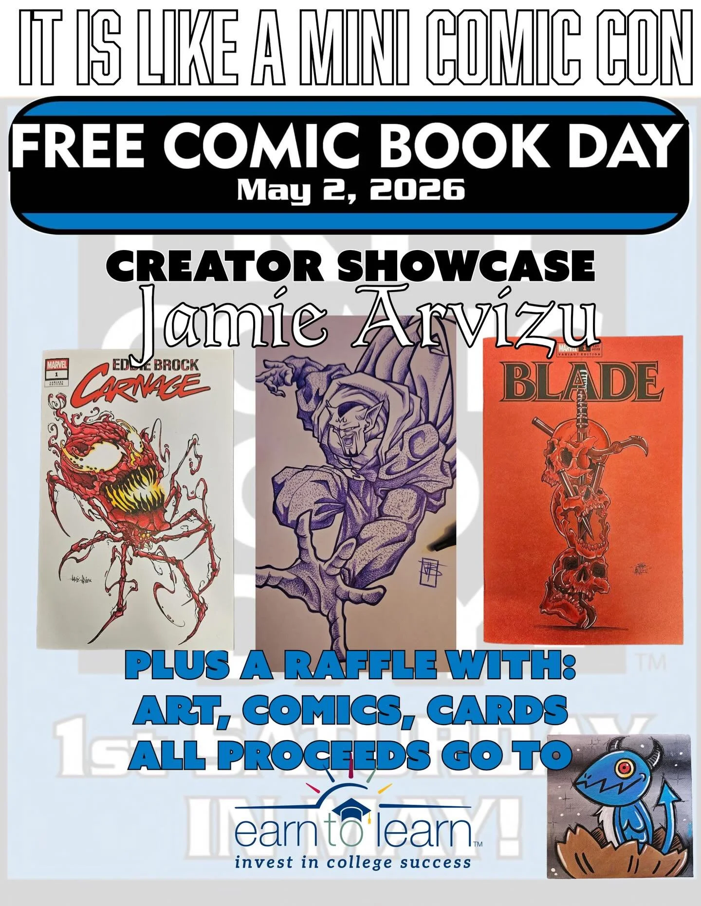 This Saturday Is Free Comic Book Day

We are showcasing Creators at our shop starting at 11am.
Jamie Arvizu with their awesome art style
@gothgeek_  @arvizutattoo @james.centers.81  @shelbyartworks @art.by.jazz_ #shoptucsonmallaz #presidiocomics #fcb