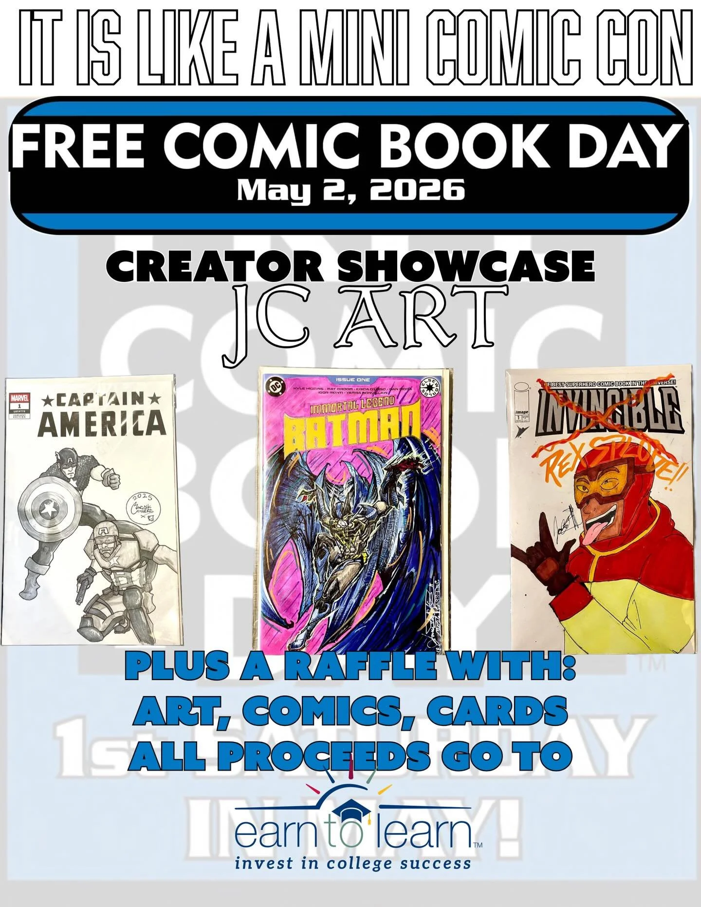 This Saturday Is Free Comic Book Day

We are showcasing Creators at our shop starting at 11am.
The Trio that is J Centers Art with their amazing collection of Sketch Covers
@gothgeek_  @arvizutattoo @clanofmisfittoys @shelbyartworks @art.by.jazz_ #sh