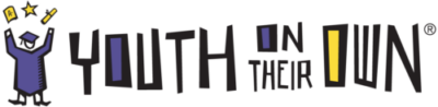 Graphic design with the phrase 'Youth in Their Own' in colorful letters, featuring a purple character with outstretched arms on the left.