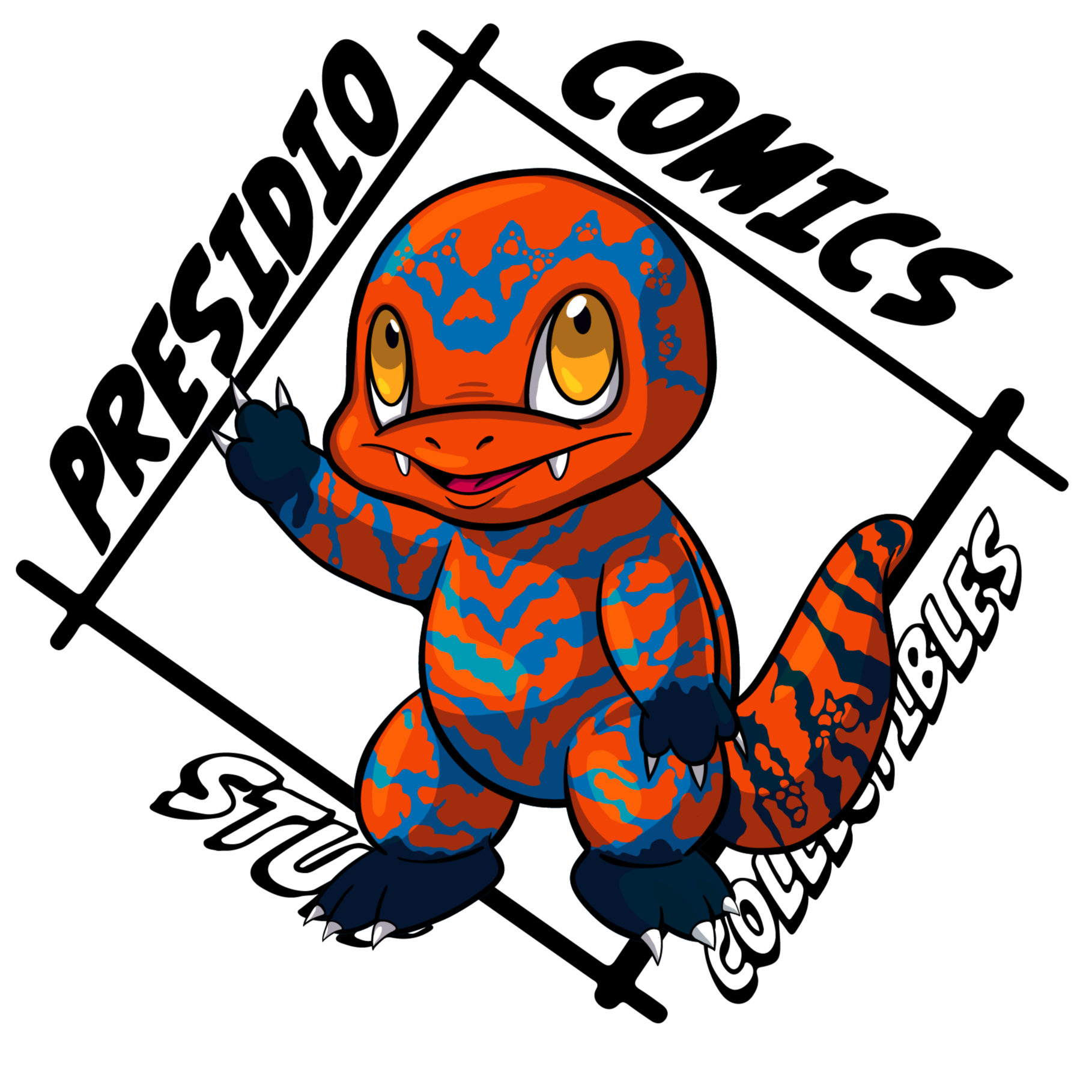 Cartoon lizard with orange and blue striped skin holding a sign that reads 'Presidio Comics' surrounded by a square with the same text.