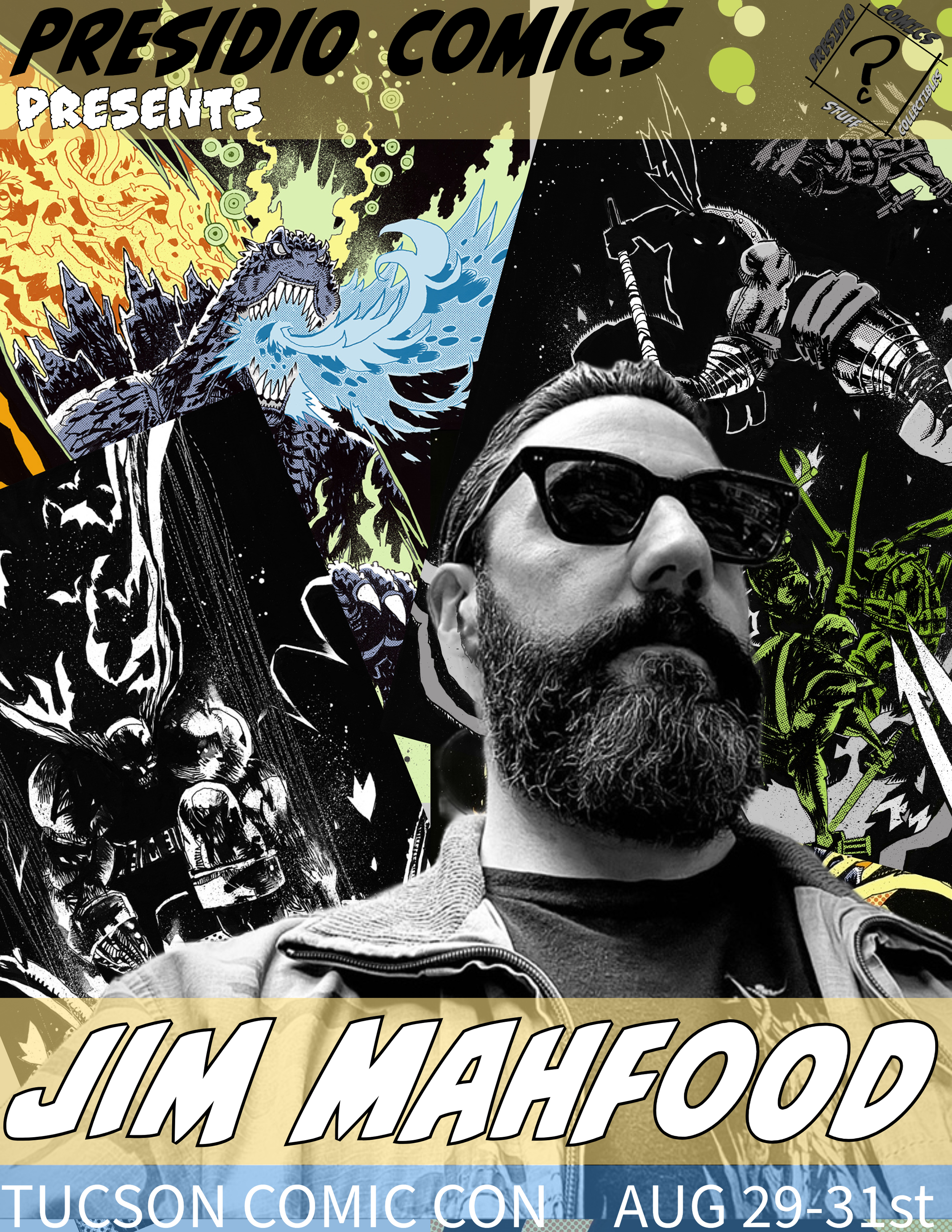 A promotional poster for Tucson Comic Con featuring comic book art and a portrait of Jim Mahfood, a comic artist, with event dates August 29-31.
