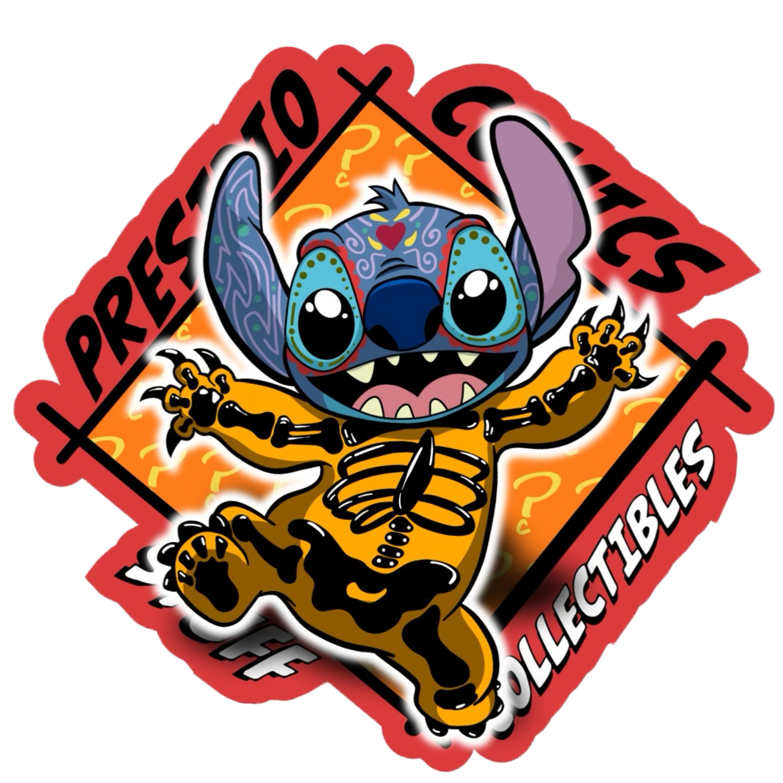 Colorful cartoon sticker of Stitch from Disney's 'Lilo & Stitch' with the words 'Pre-Order' and 'Collectibles' around him.