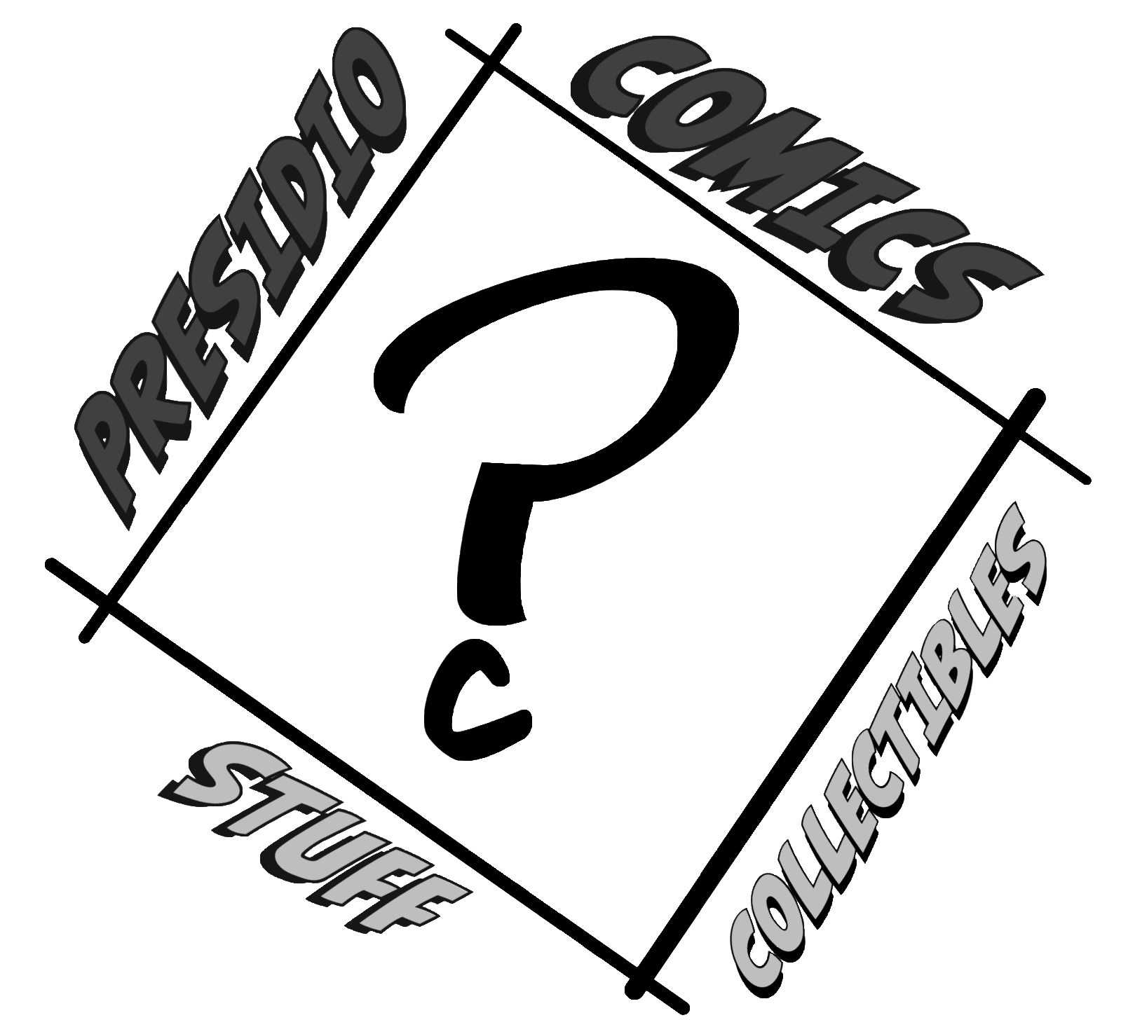 A black 3D cube with the words "PRESIDIO CONTACTS" and "STUFF" on its sides, and a large question mark in the center.