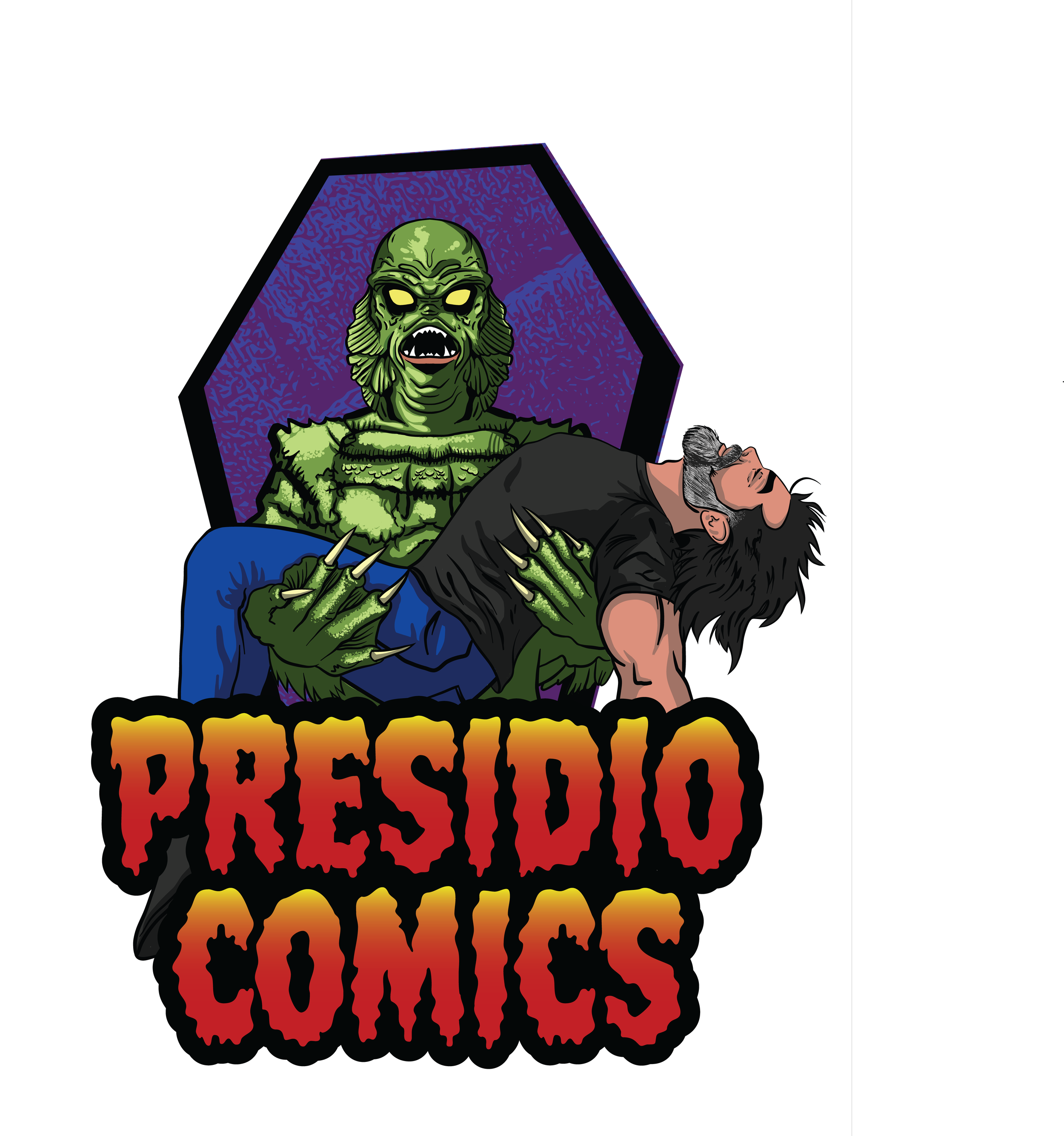 Illustration of a zombie-like creature holding a person with long dark hair, wearing a black t-shirt, in a death grip. The creature has green, scaly skin, glowing yellow eyes, and sharp claws. Behind them is a hexagonal shape with a purple and blue background. Below the scene, there is bold text that says 'PRESIDIO COMICS' in red and orange gradient with a black outline.