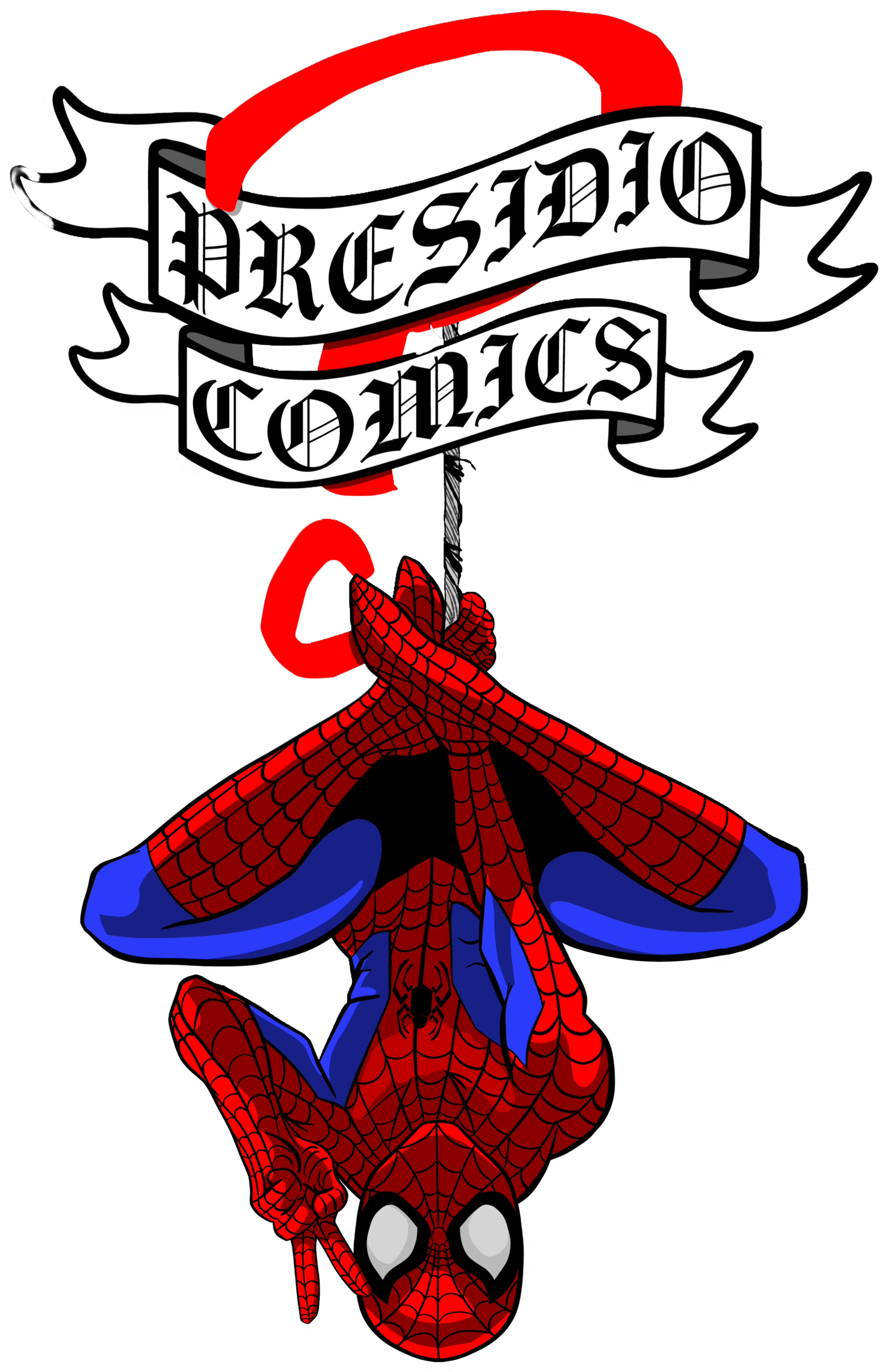 Spider-Man cartoon illustration hanging upside down, with a banner that says "Precidio Concis".