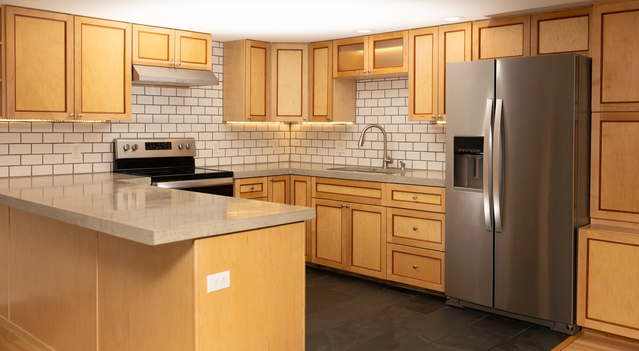 Custom Kitchen | Maple with Cherry Inlay Cabinetry + Concrete Countertops, Electric, Slate Tile