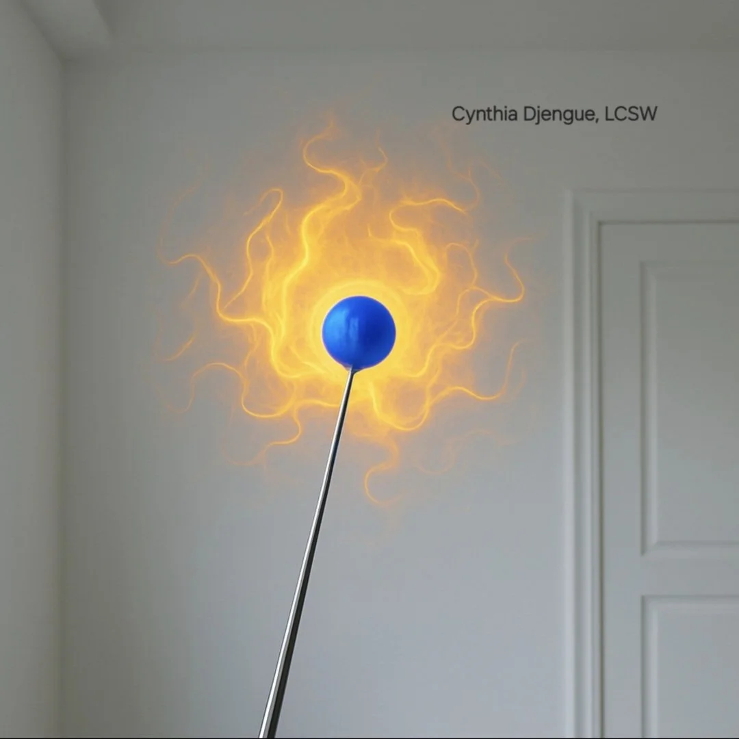 A Tesla coil producing electrical arcs around a blue sphere mounted on a metal rod, with the background showing a plain gray wall and a door frame.