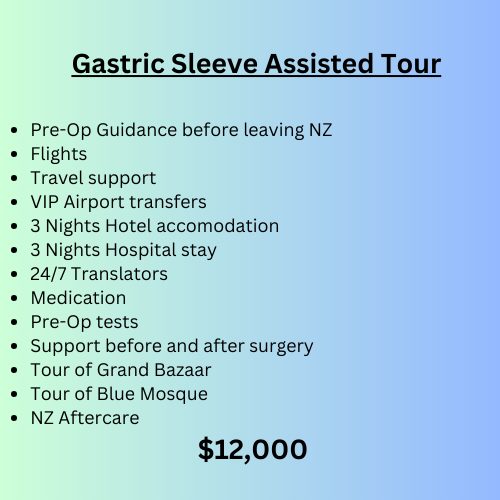 Text on a blue gradient background listing services for a gastric sleeve assisted tour, including guidance, flights, support, transfers, accommodations, hospital stay, translators, medication, tests, support, tours, and aftercare, with a total price of $12,000.
