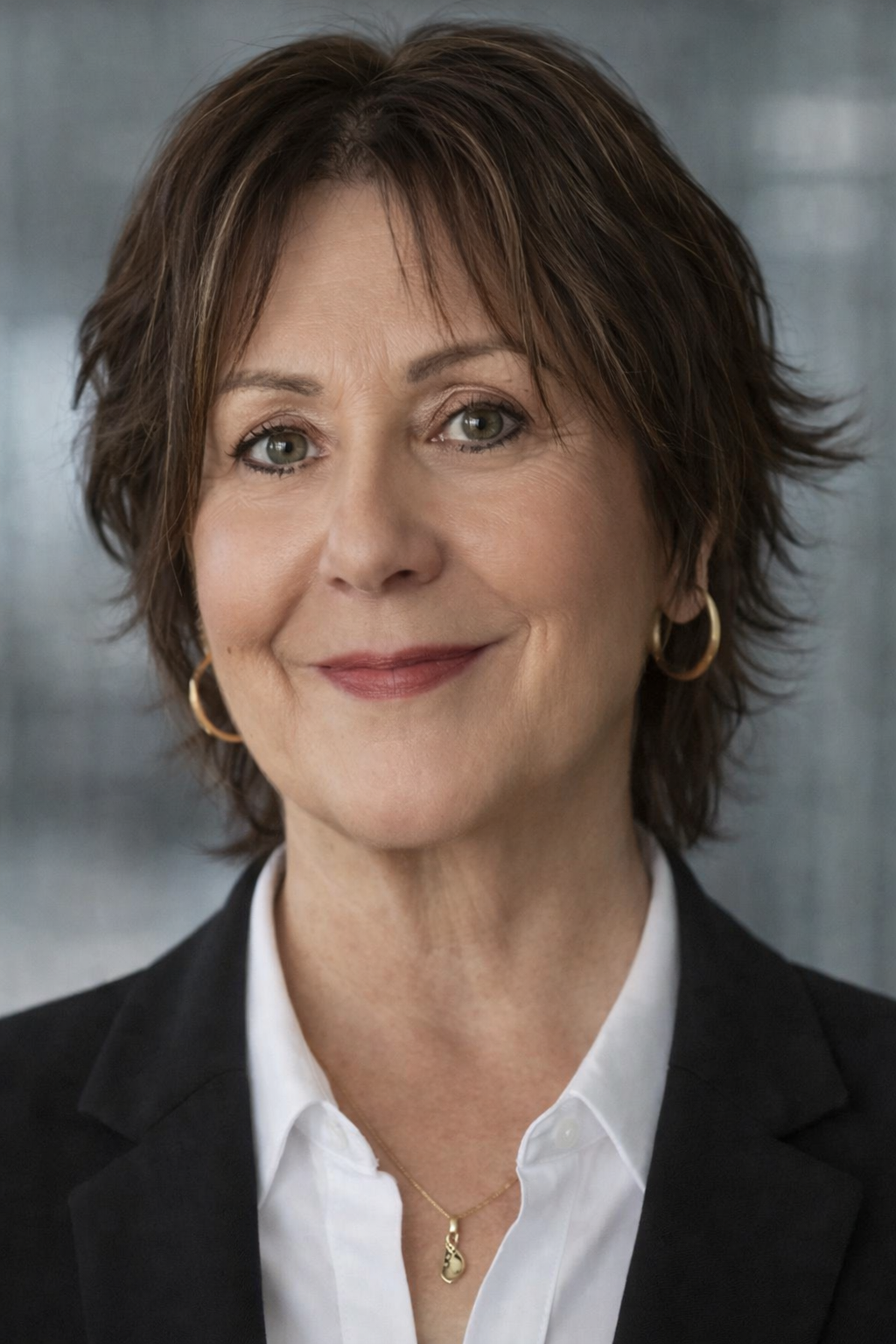A professional woman with short brown hair, wearing a black blazer, white shirt, gold hoop earrings, and a gold necklace with a pendant, smiling at the camera against a blurred gray background.