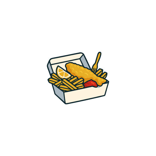 A cartoon illustration of a fish and chips meal in a white takeout box, with lemon wedge and ketchup.