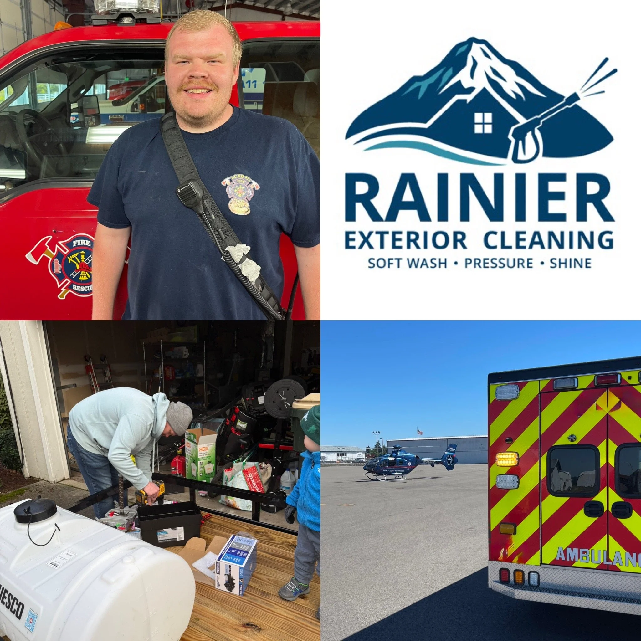 A collage of four photos: a firefighter smiling in front of a fire truck, a logo for Rainier Exterior Cleaning, two people working in a garage with tools, and an ambulance on the tarmac with a helicopter nearby.