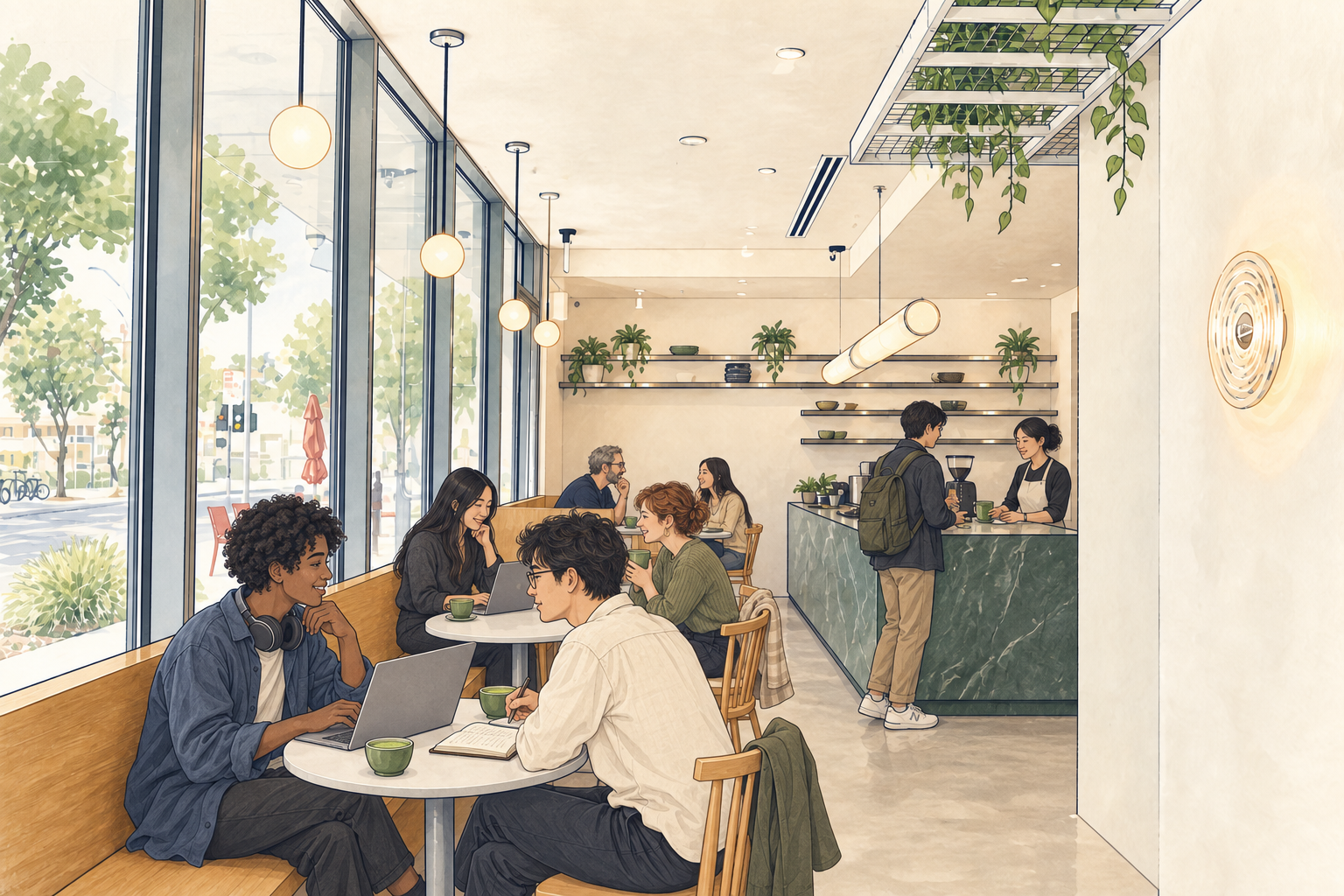 Editorial illustration imagining students and tech workers with laptops, notebooks and matcha inside rikyū’s Palo Alto café, alongside friends chatting and a barista at the green stone counter.
