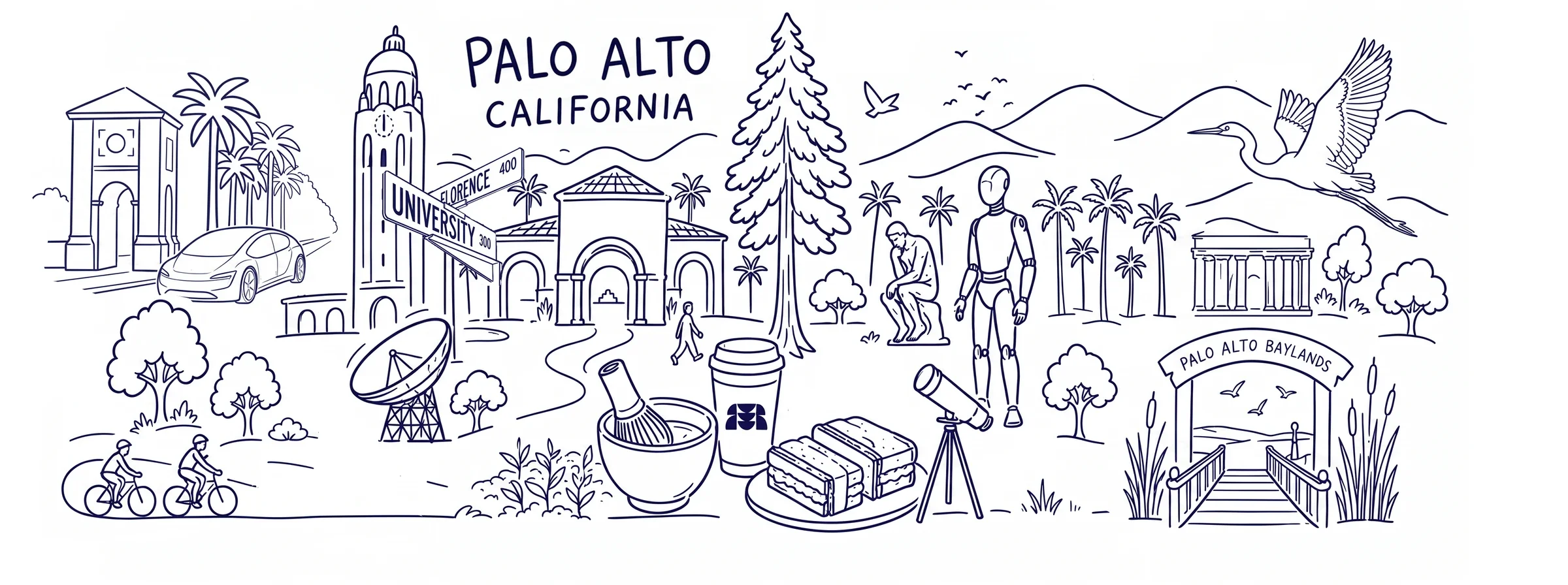 An illustration by Roberto Calbucci: University Avenue signs, Stanford arches and tower, palms, a redwood, cyclists, a car and robot, the Dish, matcha and a sando, and an egret above the Palo Alto Baylands.
